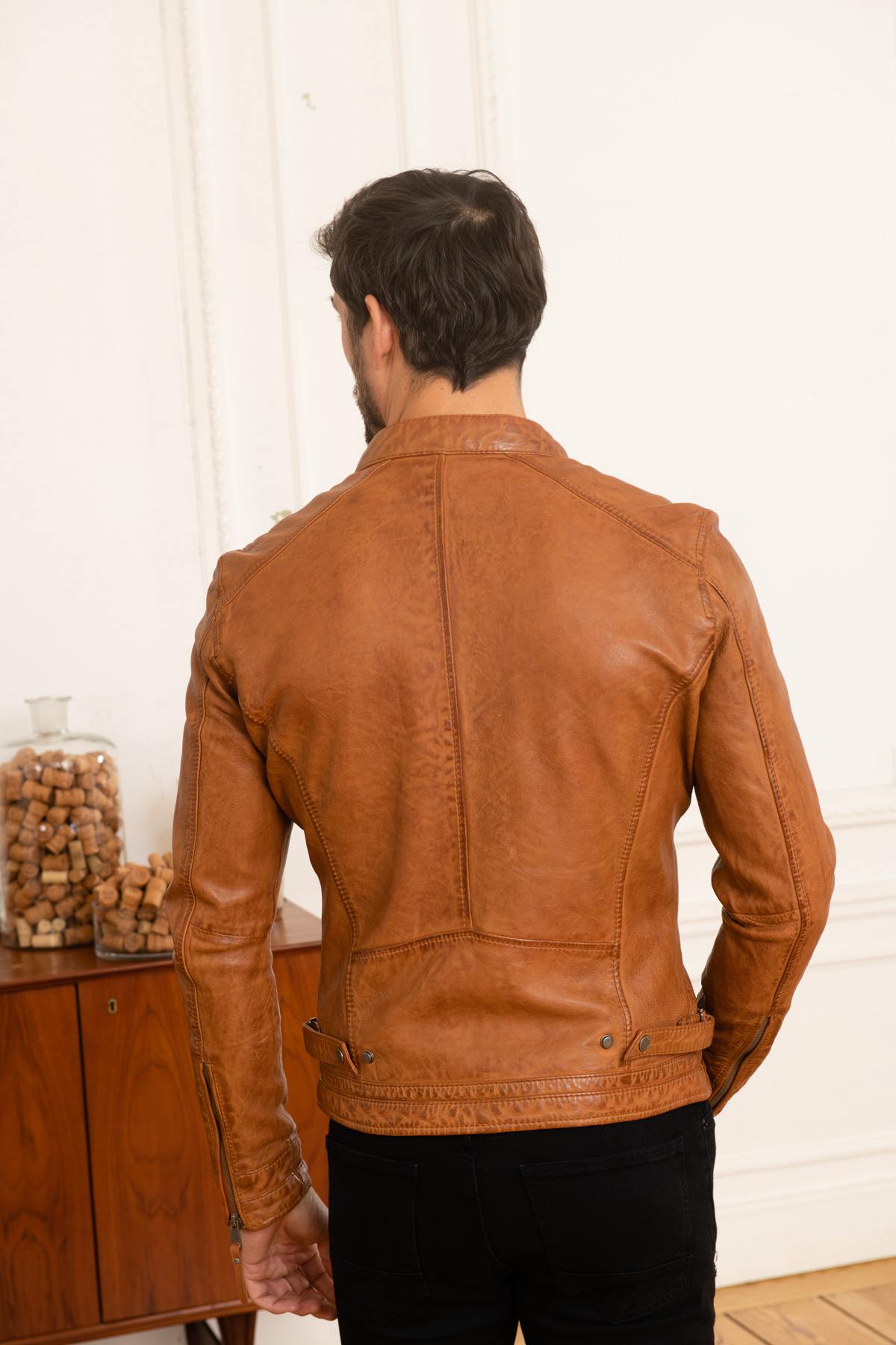 Cognac biker collar leather jacket - Image n°6