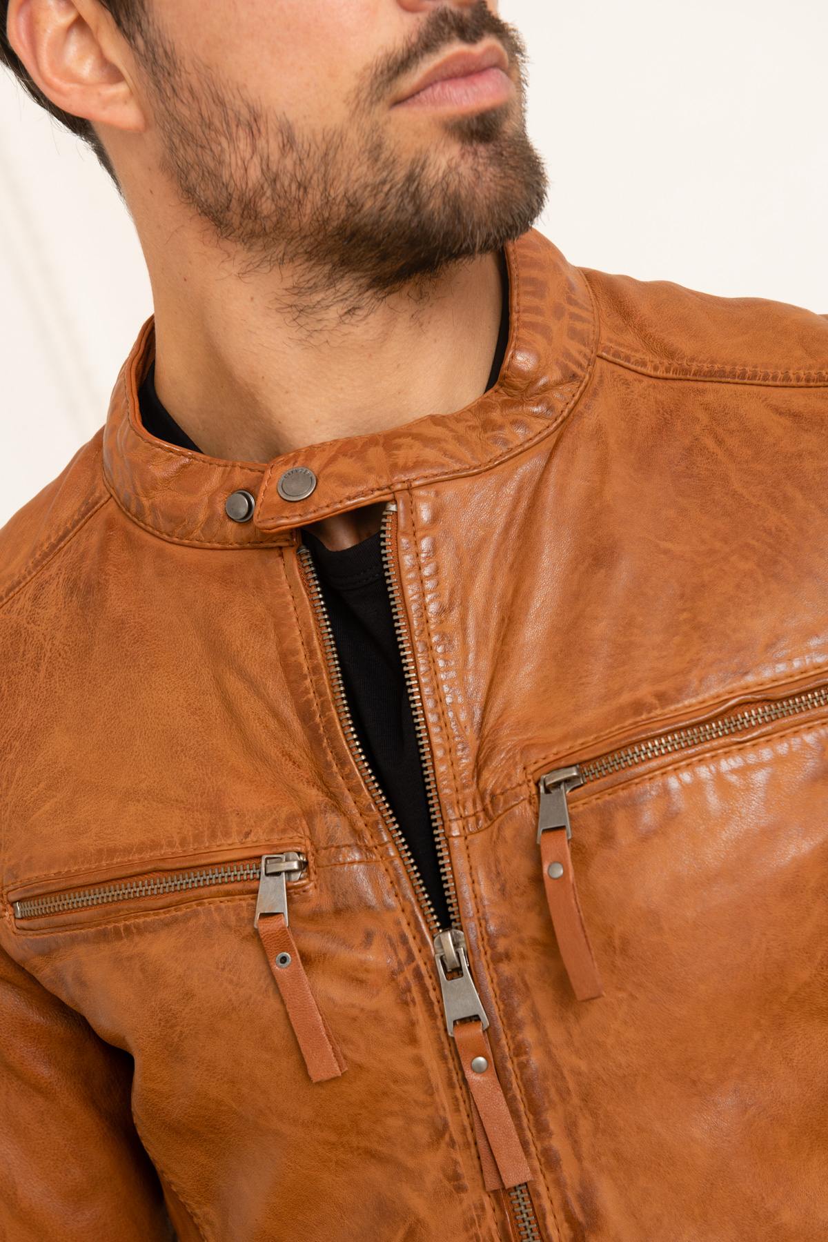 Cognac biker collar leather jacket - Image n°7