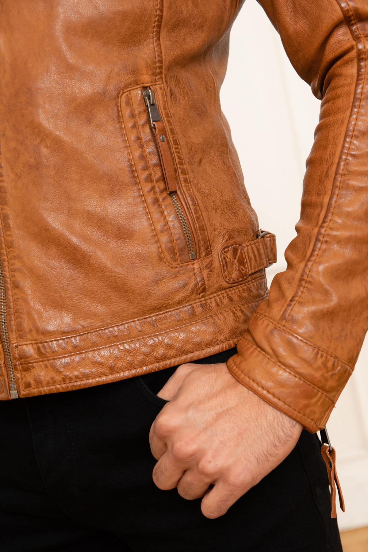 Cognac biker collar leather jacket - Image n°8