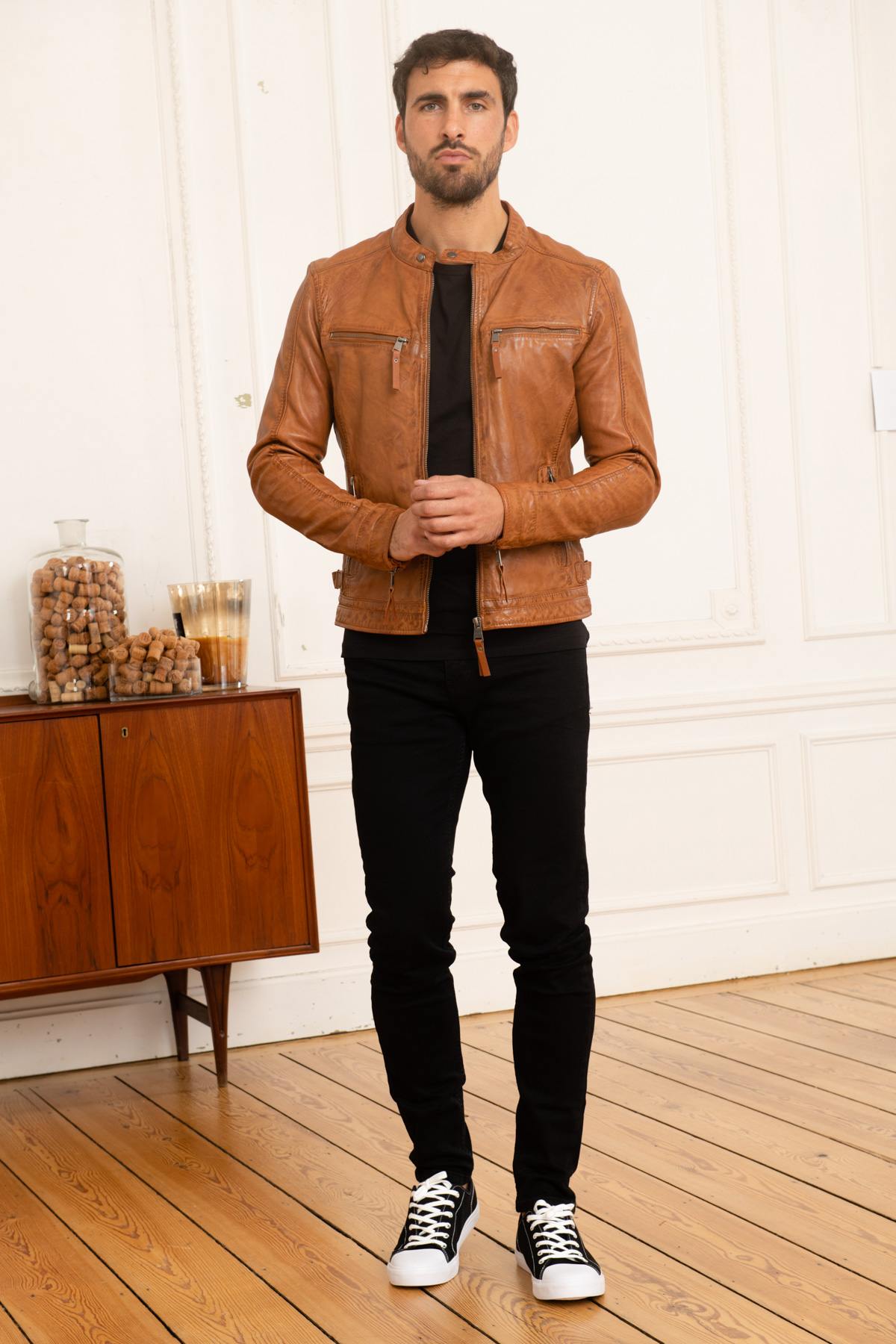 Cognac biker collar leather jacket - Image n°2