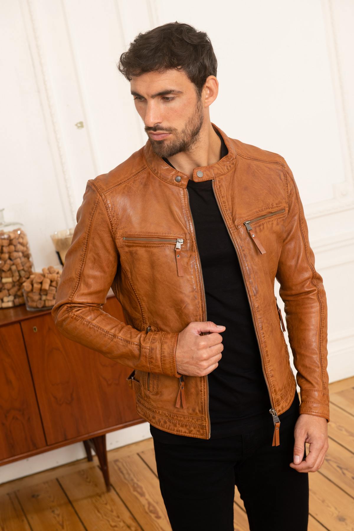 Cognac biker collar leather jacket - Image n°3