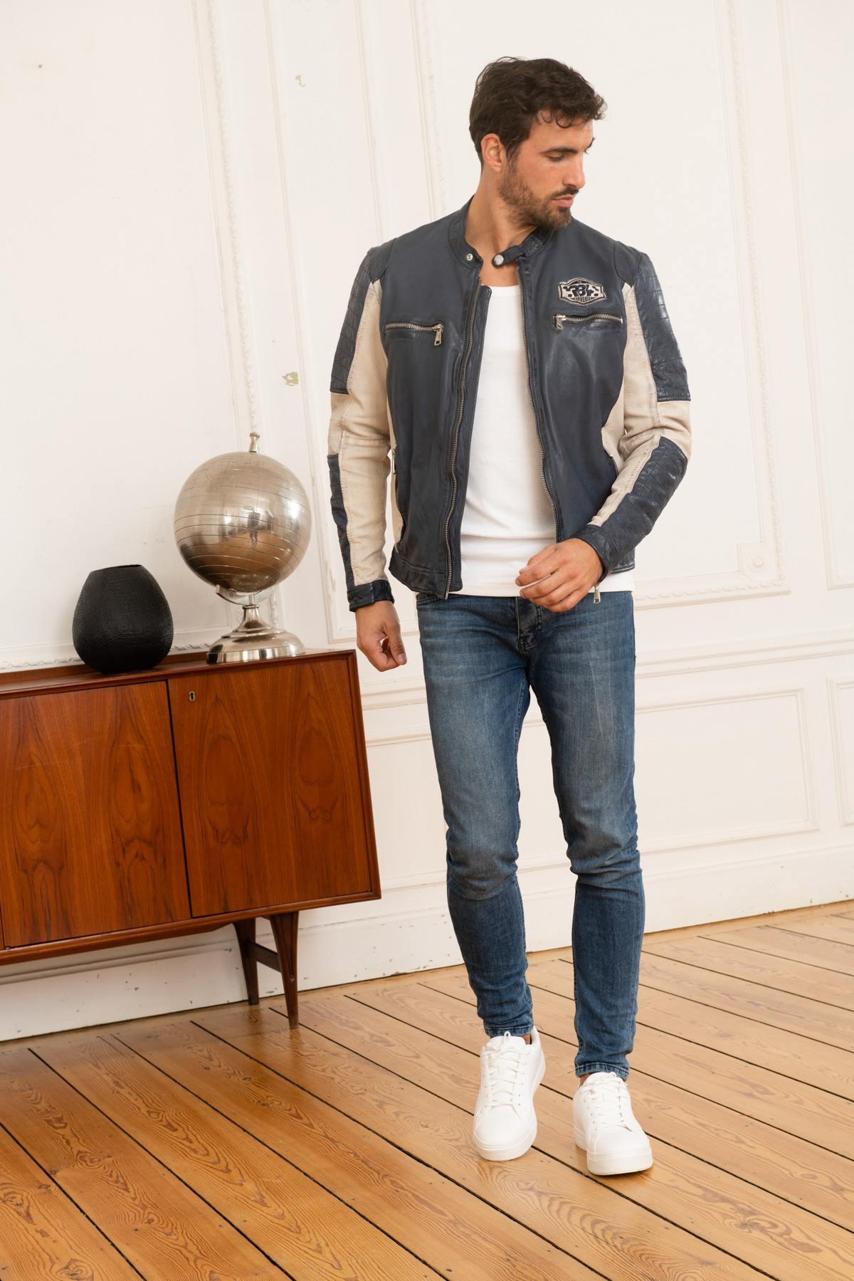 Blue and white leather racing jacket - Image n°2