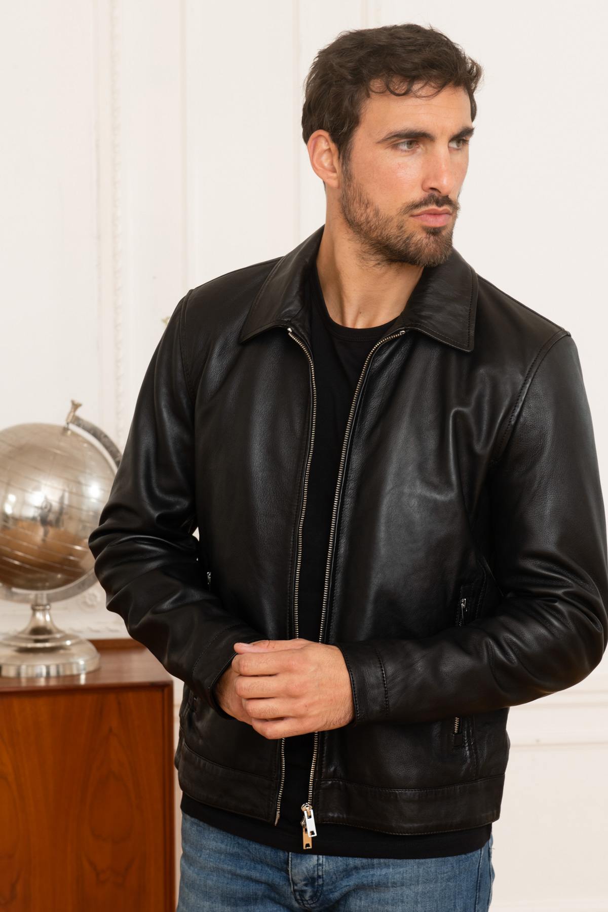 Black leather shirt collar jacket for men - Image n°3