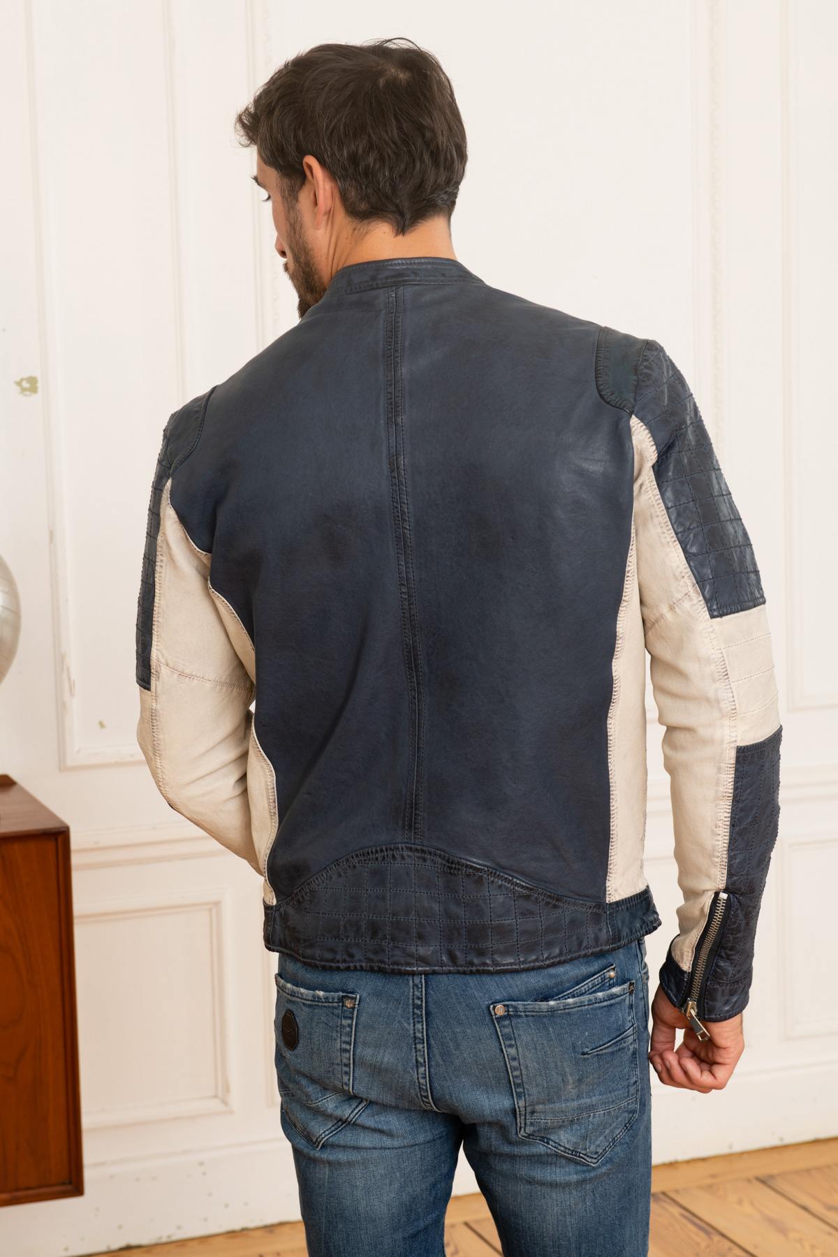 Blue and white leather racing jacket - Image n°5