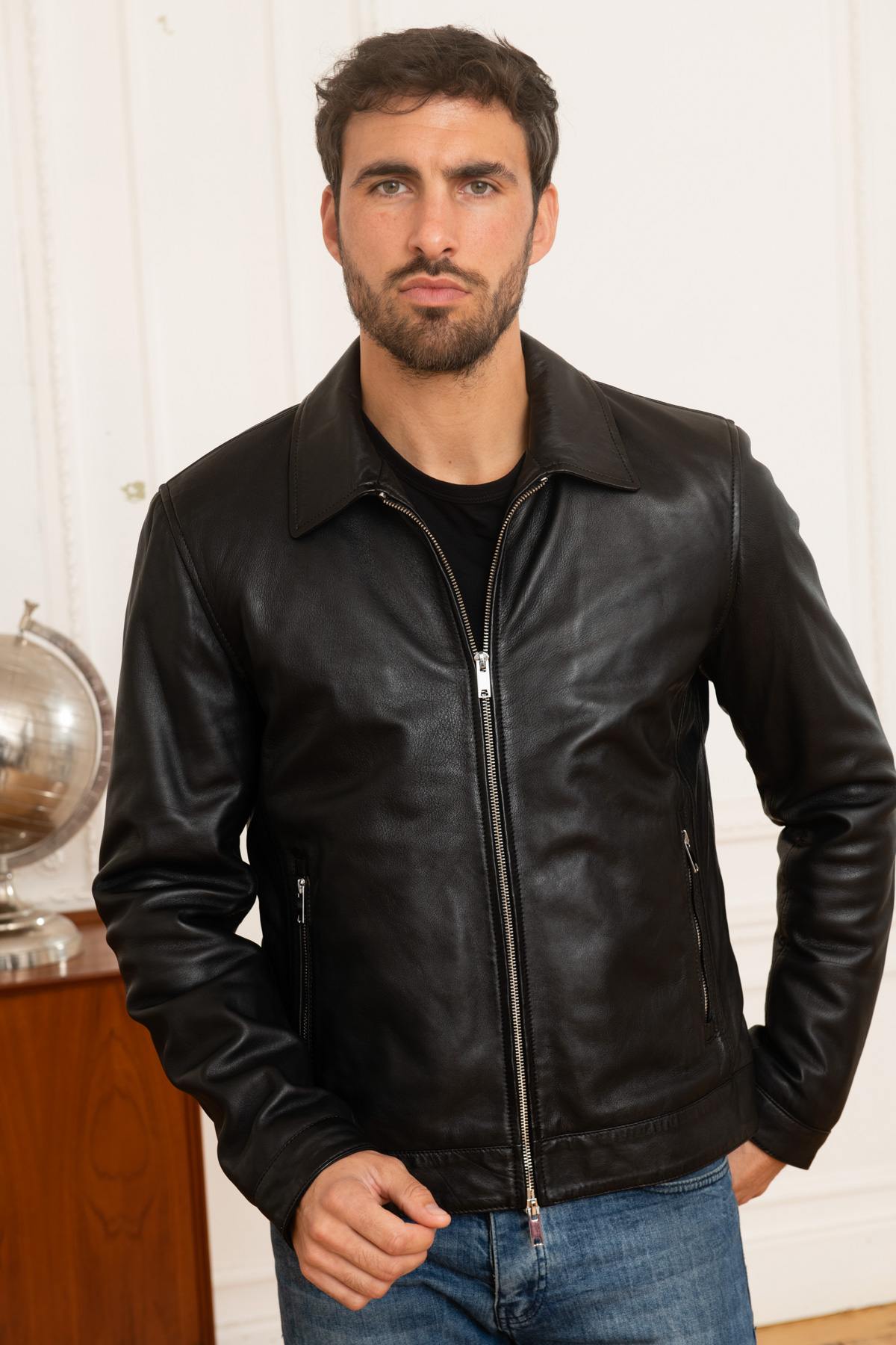 Black leather shirt collar jacket for men - Image n°1