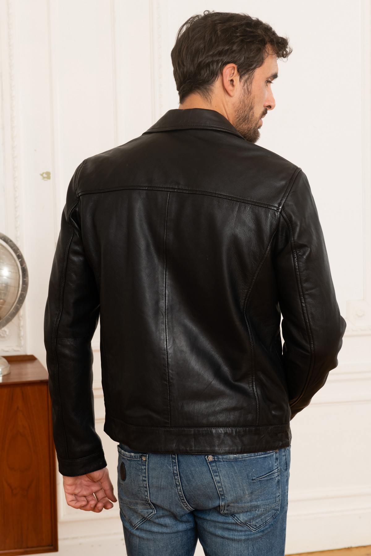 Black leather shirt collar jacket for men - Image n°5