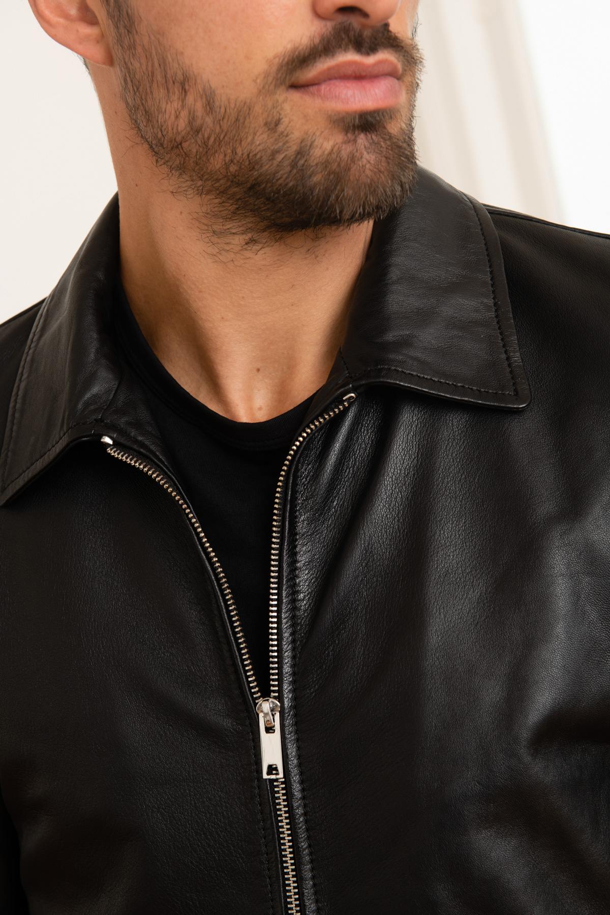 Black leather shirt collar jacket for men - Image n°6