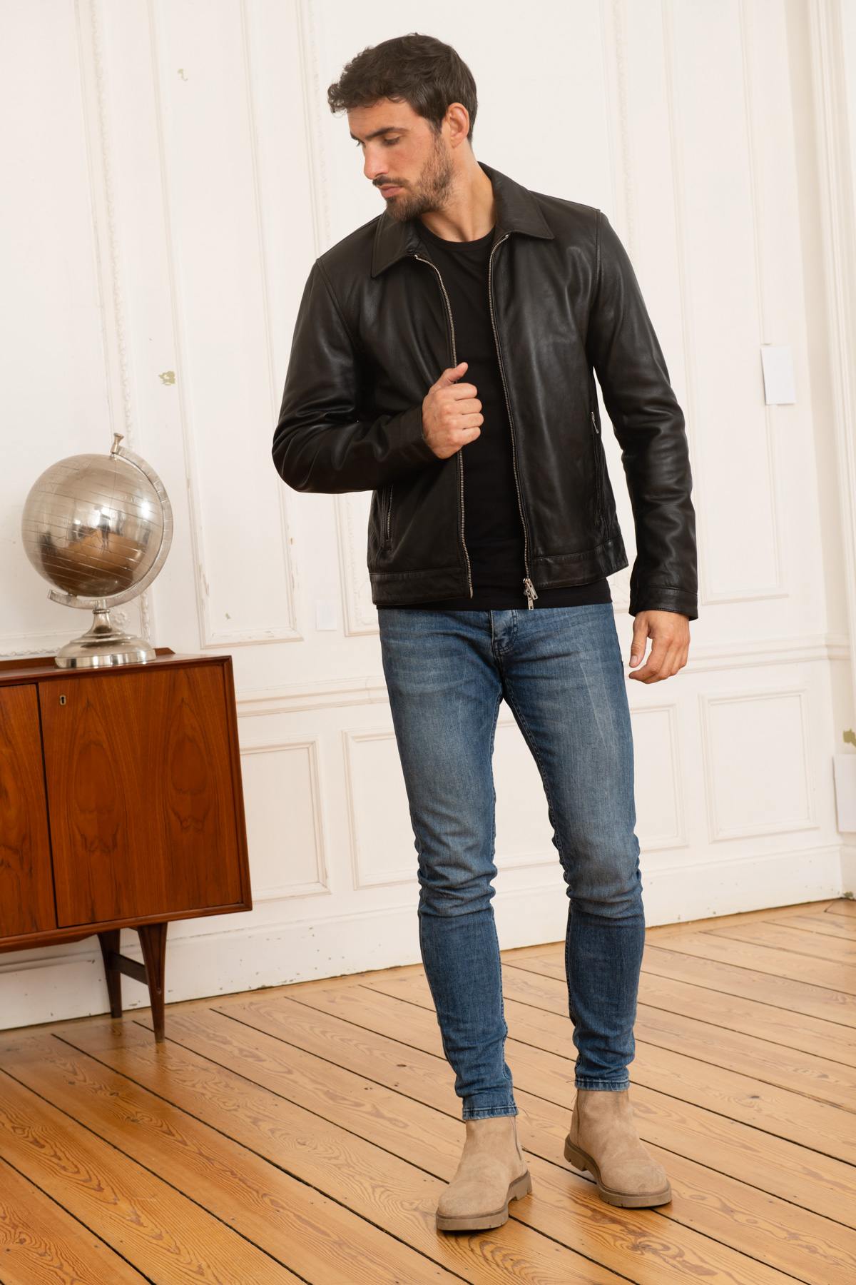 Black leather shirt collar jacket for men - Image n°2