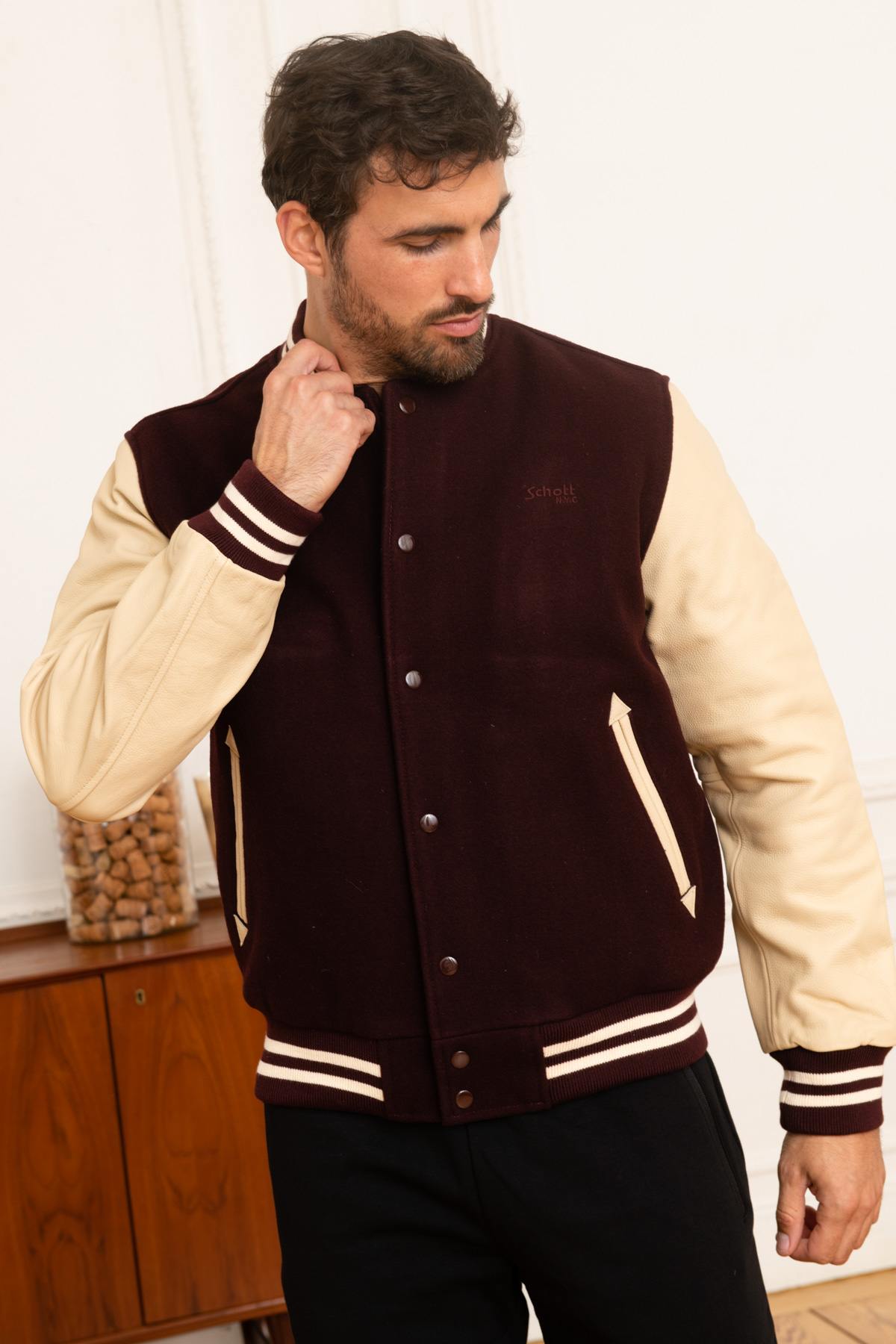 Burgundy leather/wool bi-material teddy - Image n°1