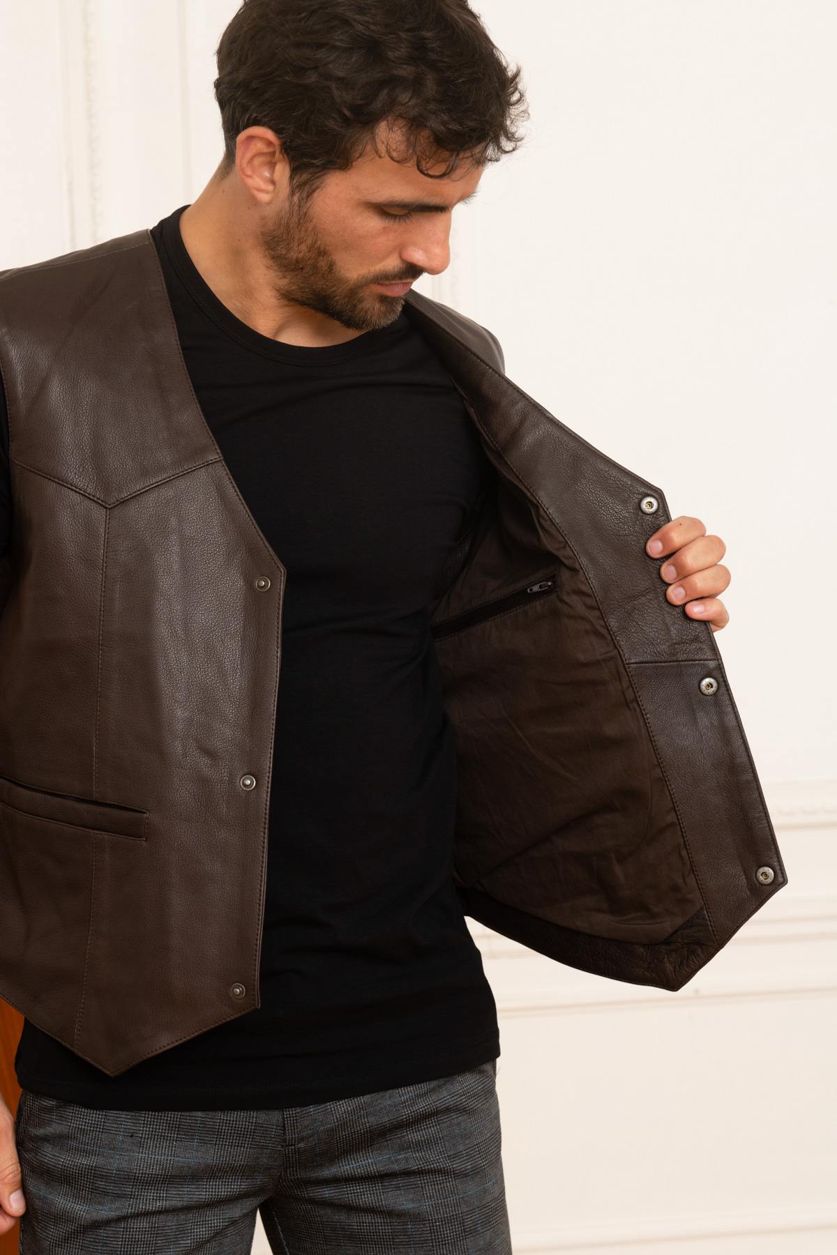 Brown genuine leather biker vest - Image n°4