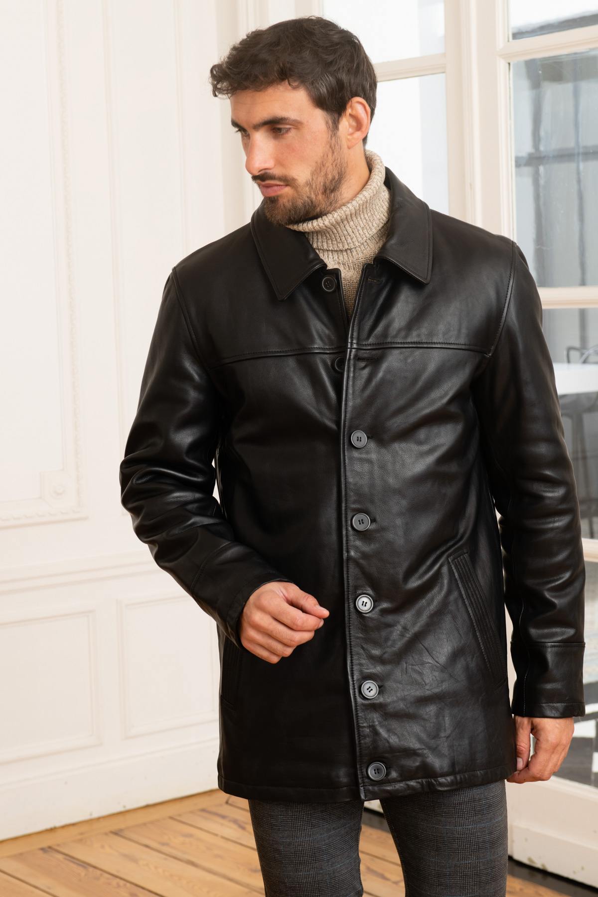 Black leather shirt collar jacket - Image n°3