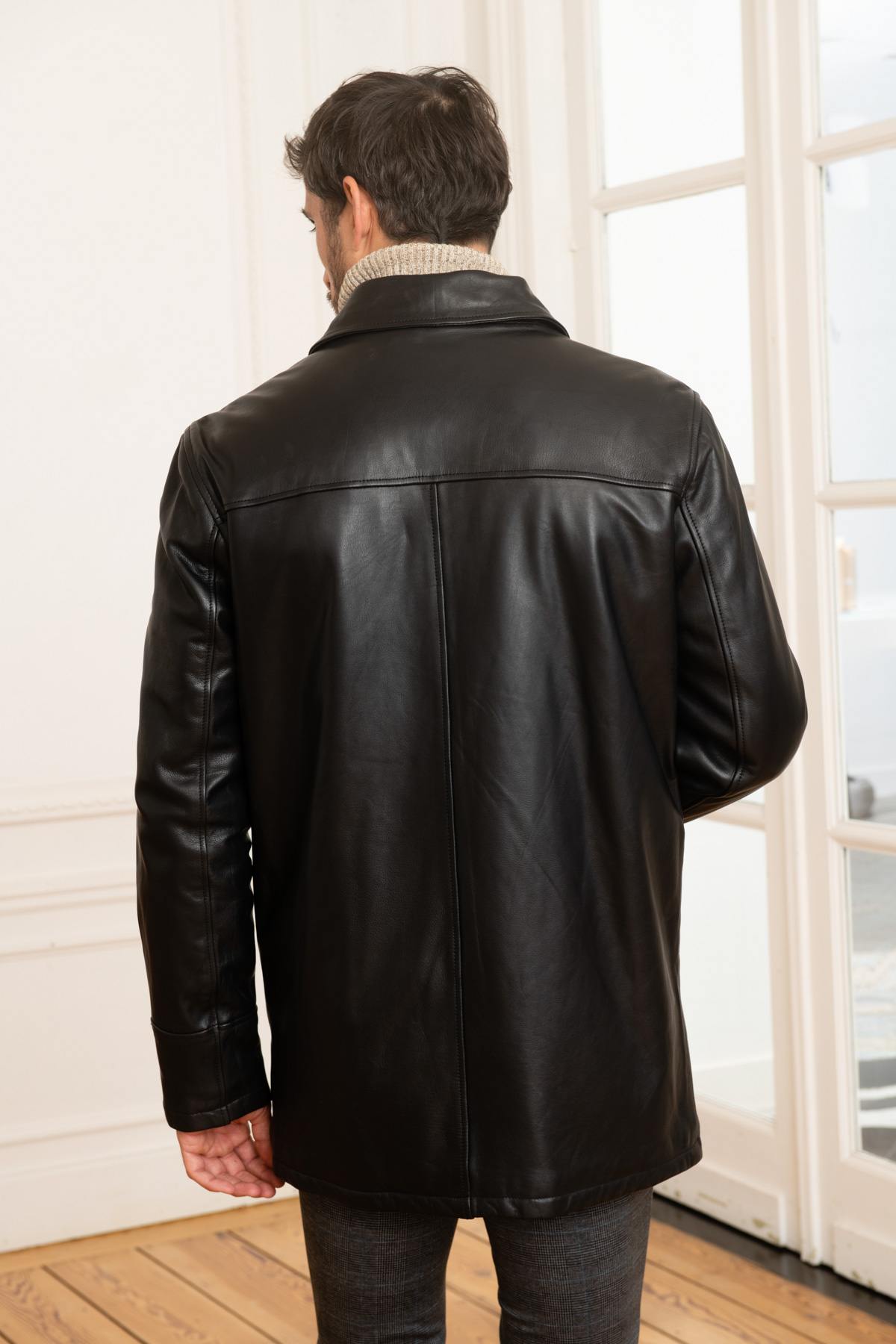 Black leather shirt collar jacket - Image n°5