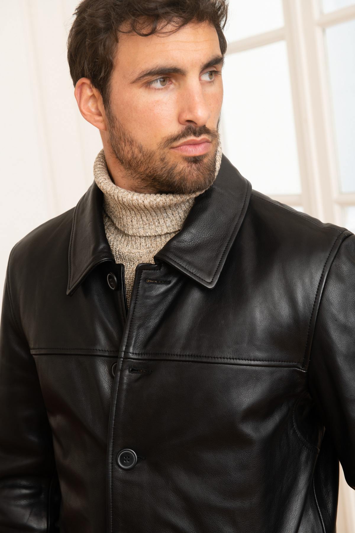 Black leather shirt collar jacket - Image n°6