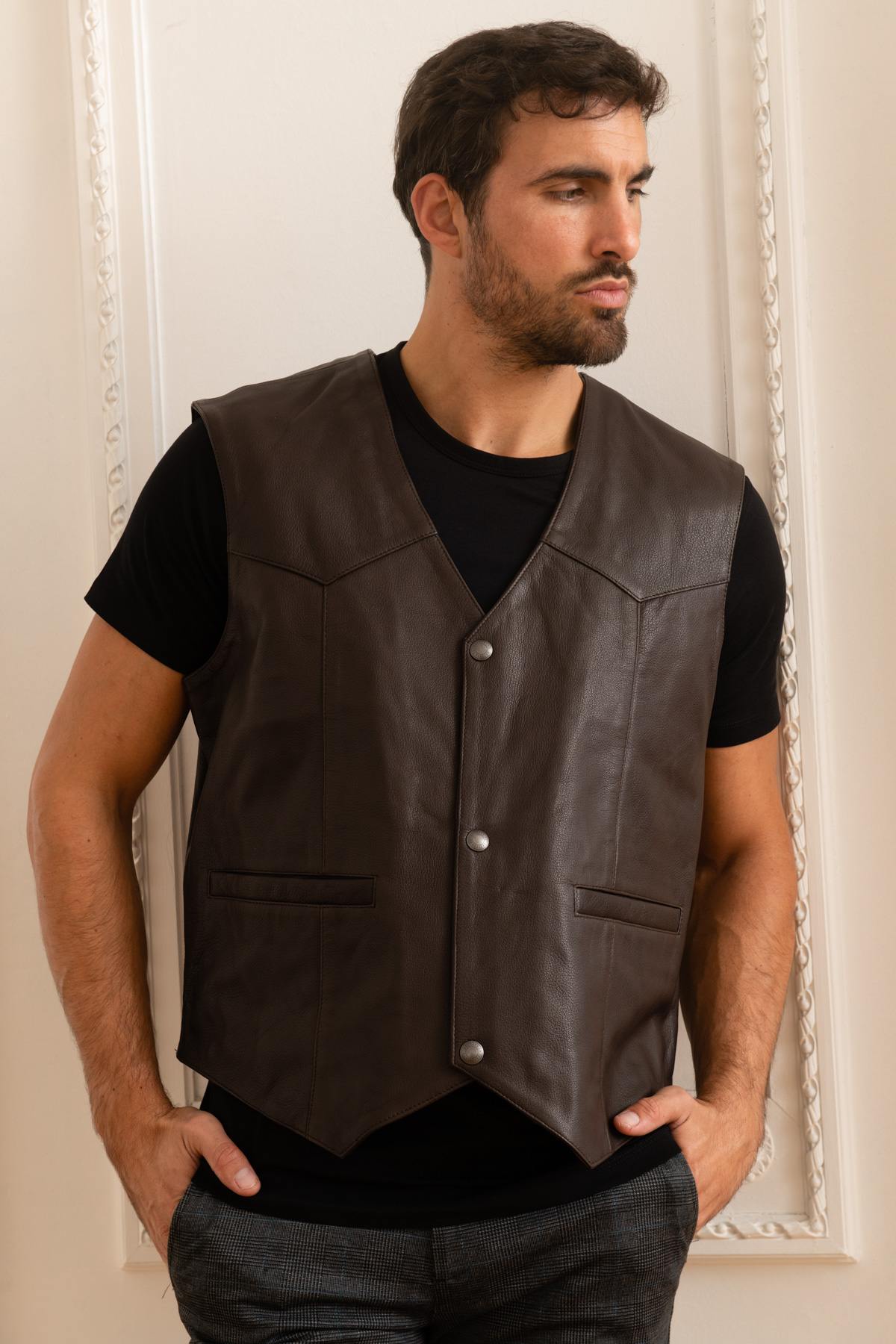 Brown genuine leather biker vest - Image n°3