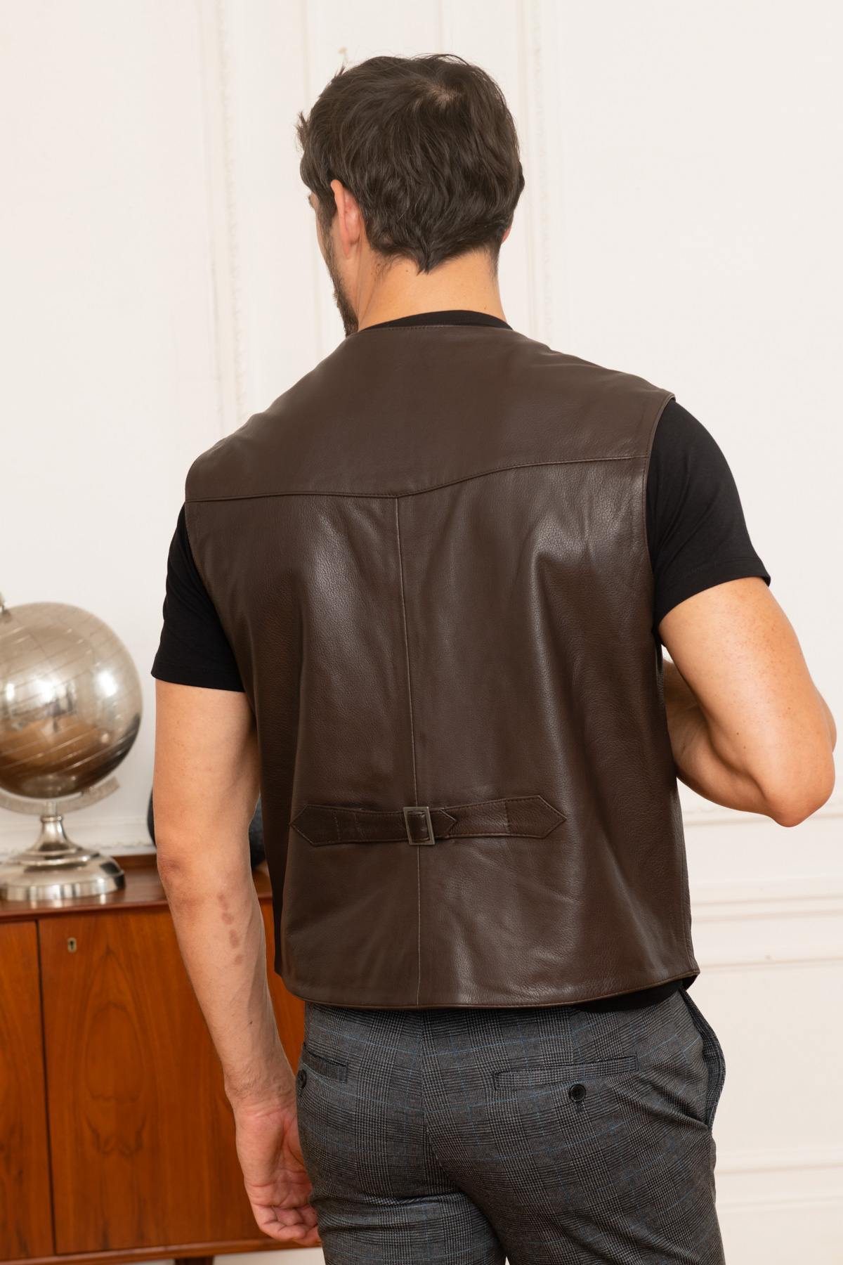 Brown genuine leather biker vest - Image n°5