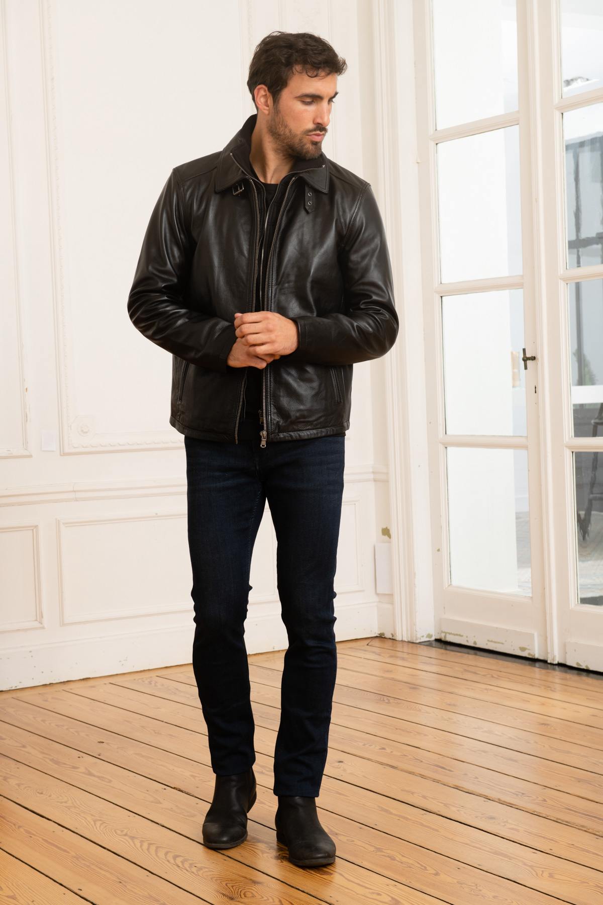 Black leather jacket with facing - Image n°2