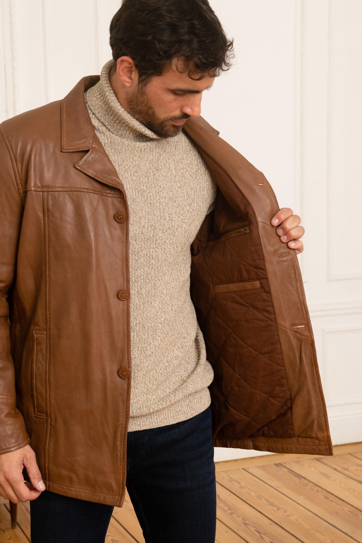 Mid-length men's jacket in cognac leather - Image n°4