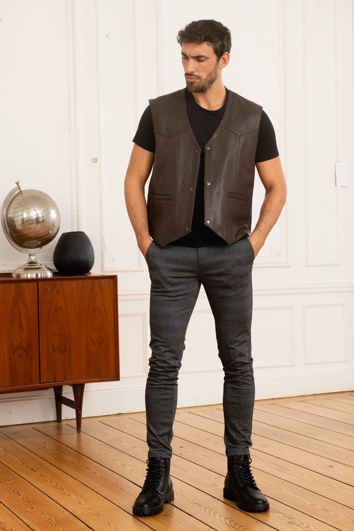 Brown genuine leather biker vest - Image n°2