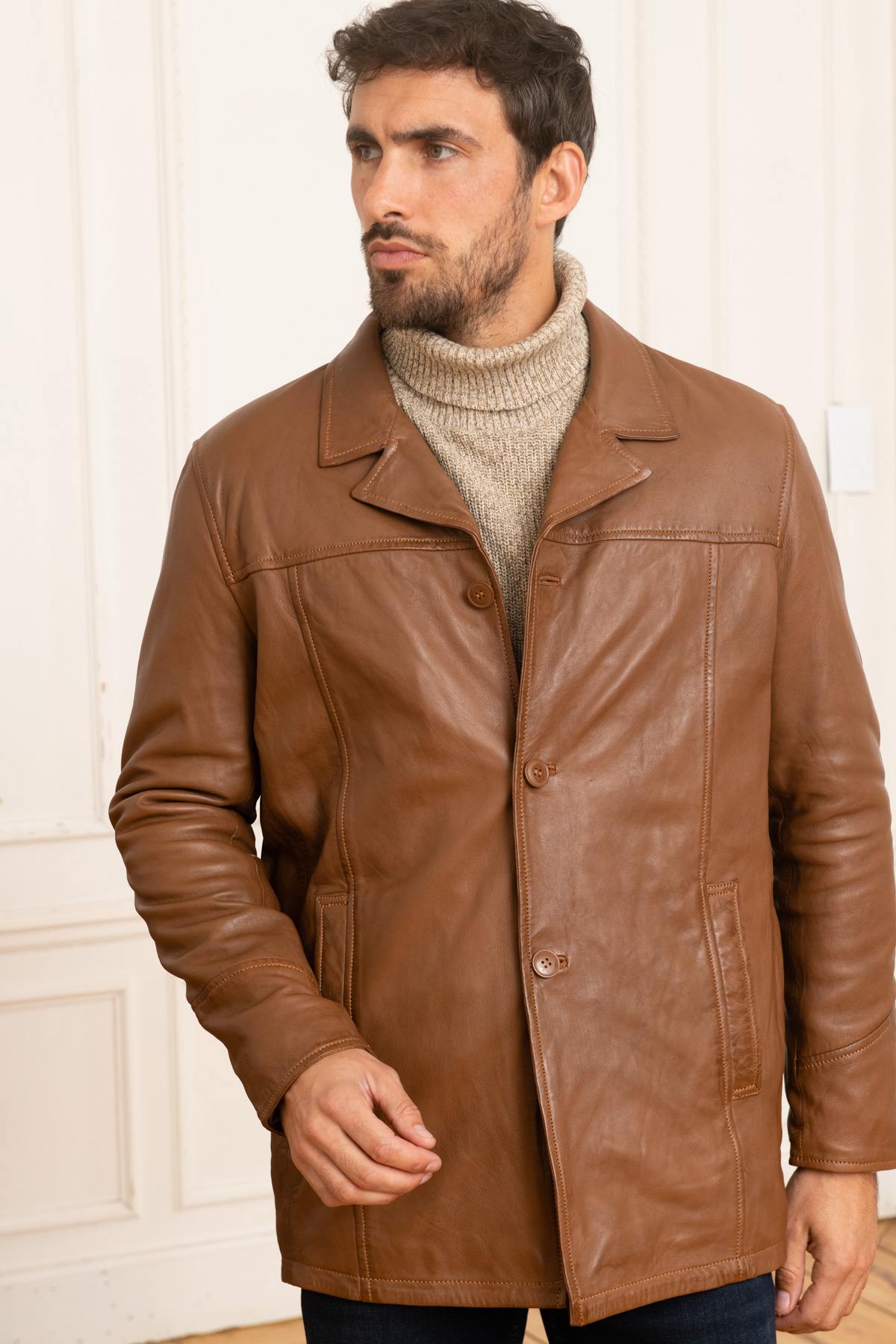 Mid-length men's jacket in cognac leather - Image n°3