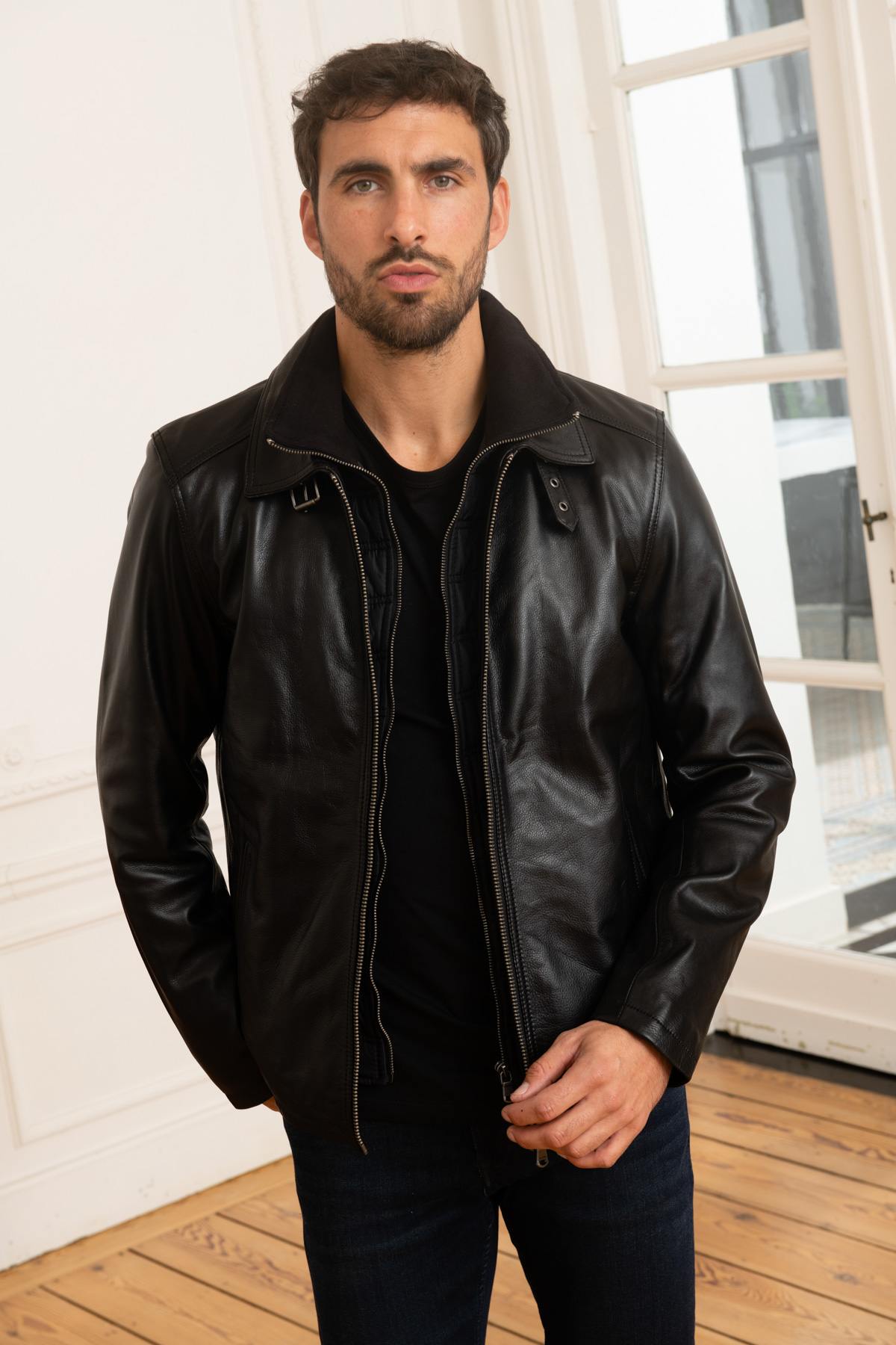 Black leather jacket with facing - Image n°3