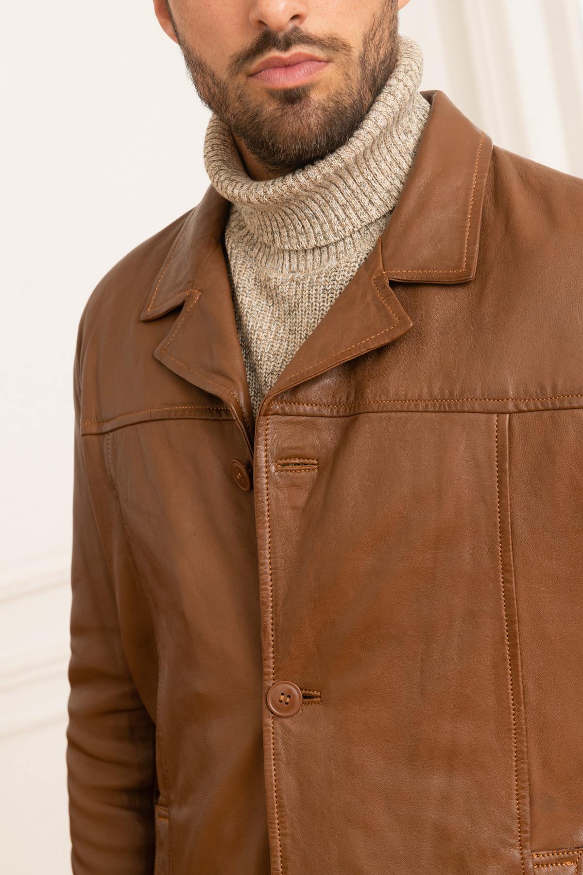 Mid-length men's jacket in cognac leather - Image n°6