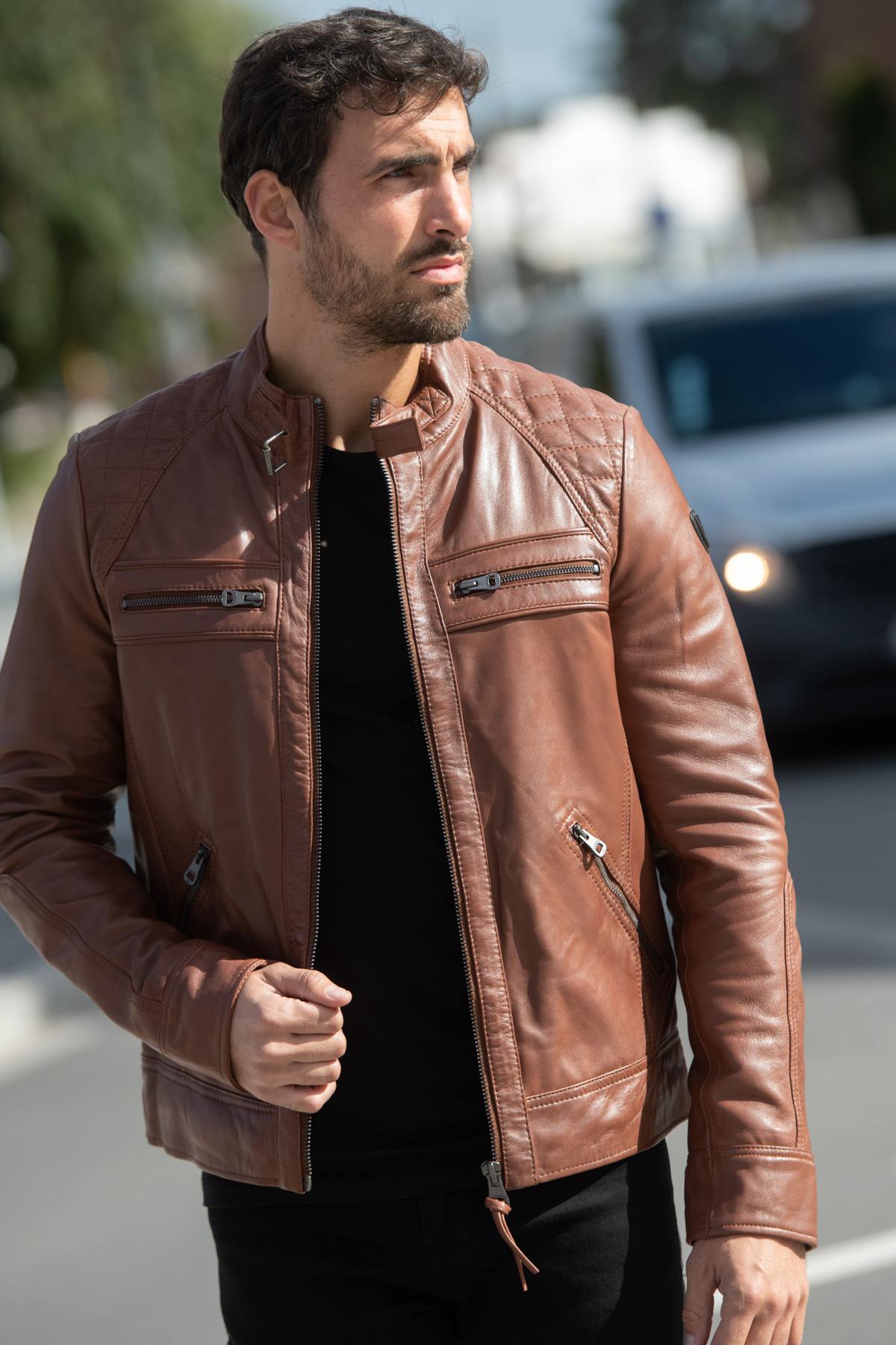 Fashionable cognac redskins leather jacket - Image n°1