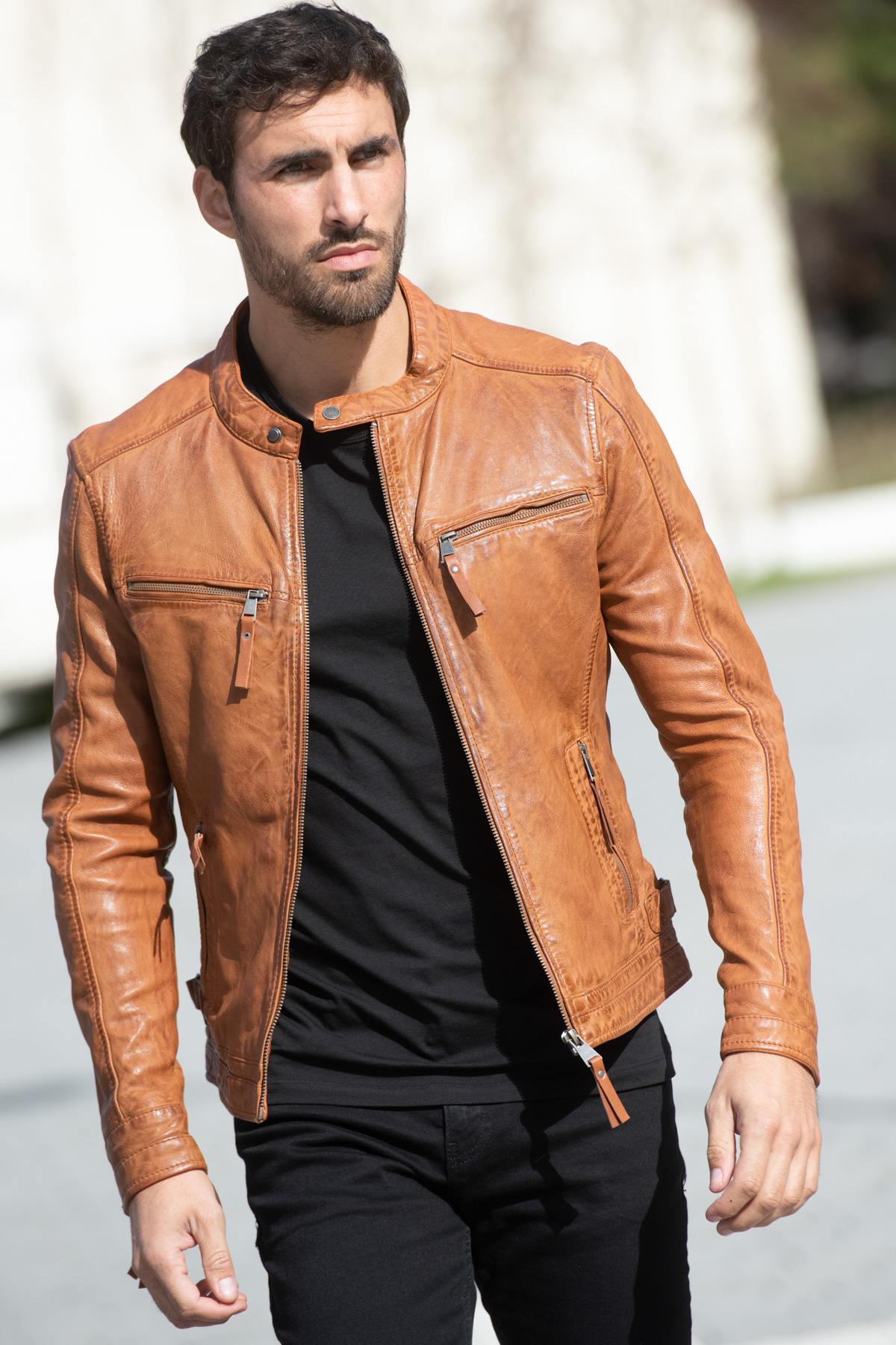 Cognac biker collar leather jacket - Image n°1