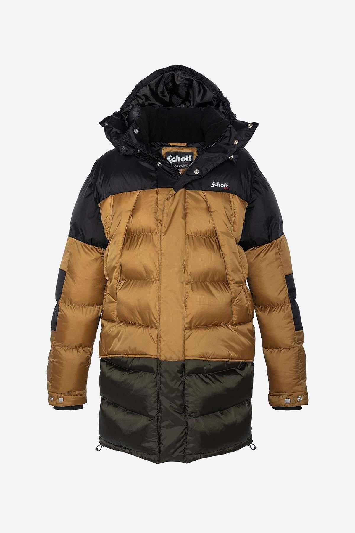 Long down jacket with hood gold / black / khaki - Image n°1