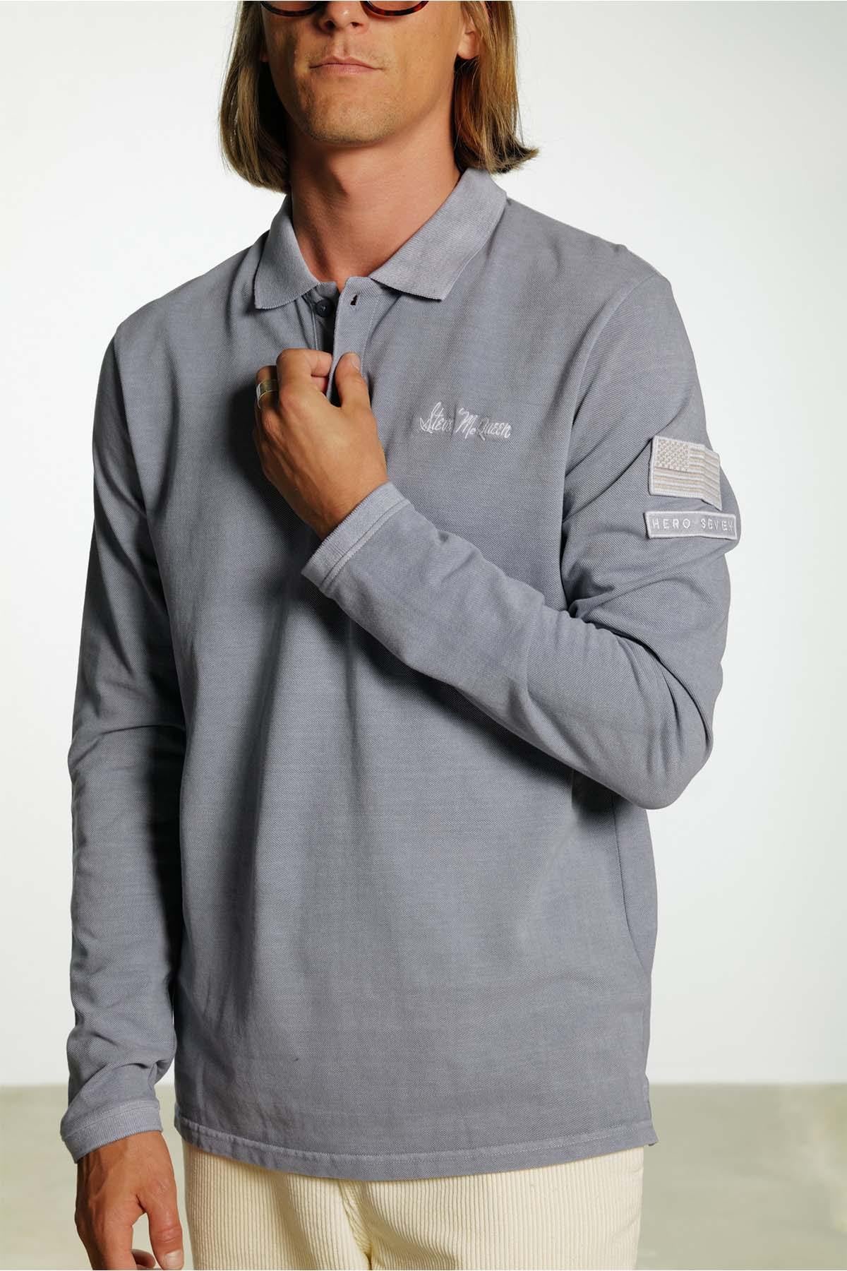 Steve McQueen long sleeve polo shirt blue gray - Image n°1