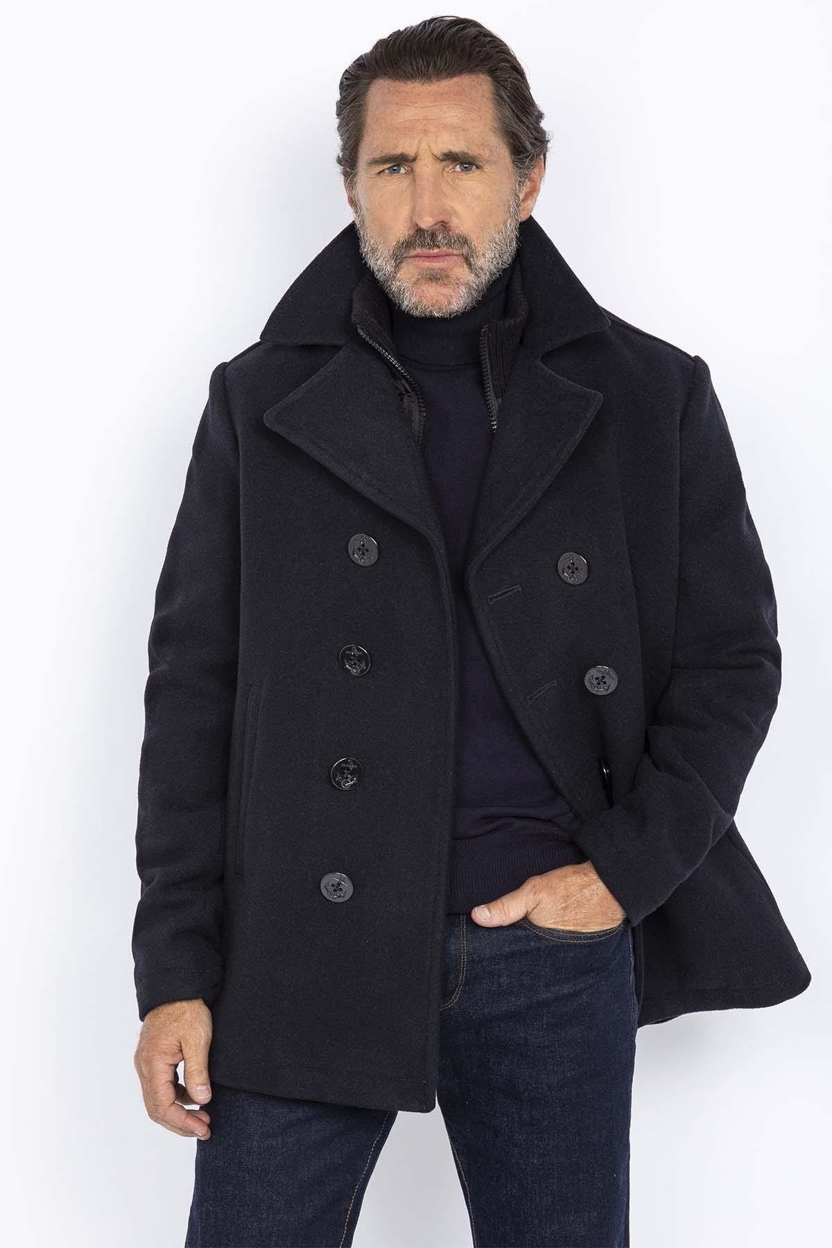 Men's navy blue wool peacoat - Image n°1