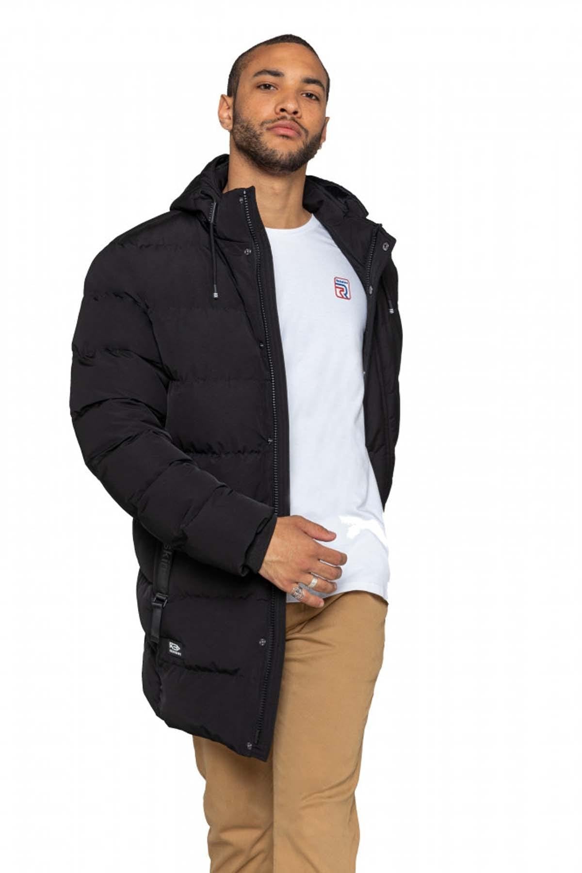 Long black hooded down jacket - Image n°4