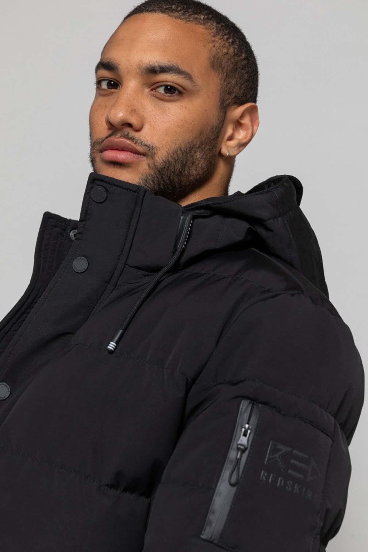 Long black hooded down jacket - Image n°5