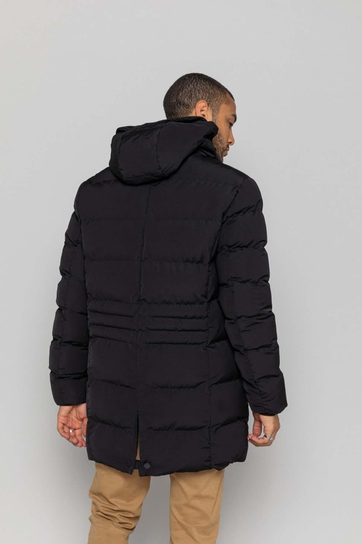 Long black hooded down jacket - Image n°2