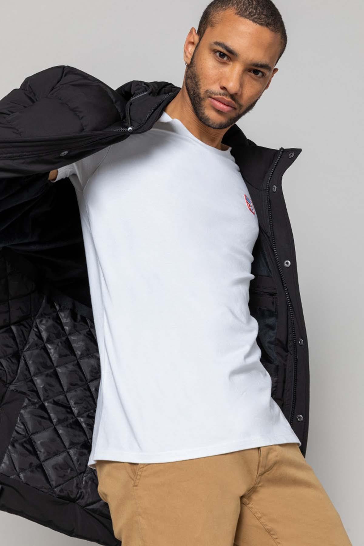 Long black hooded down jacket - Image n°3