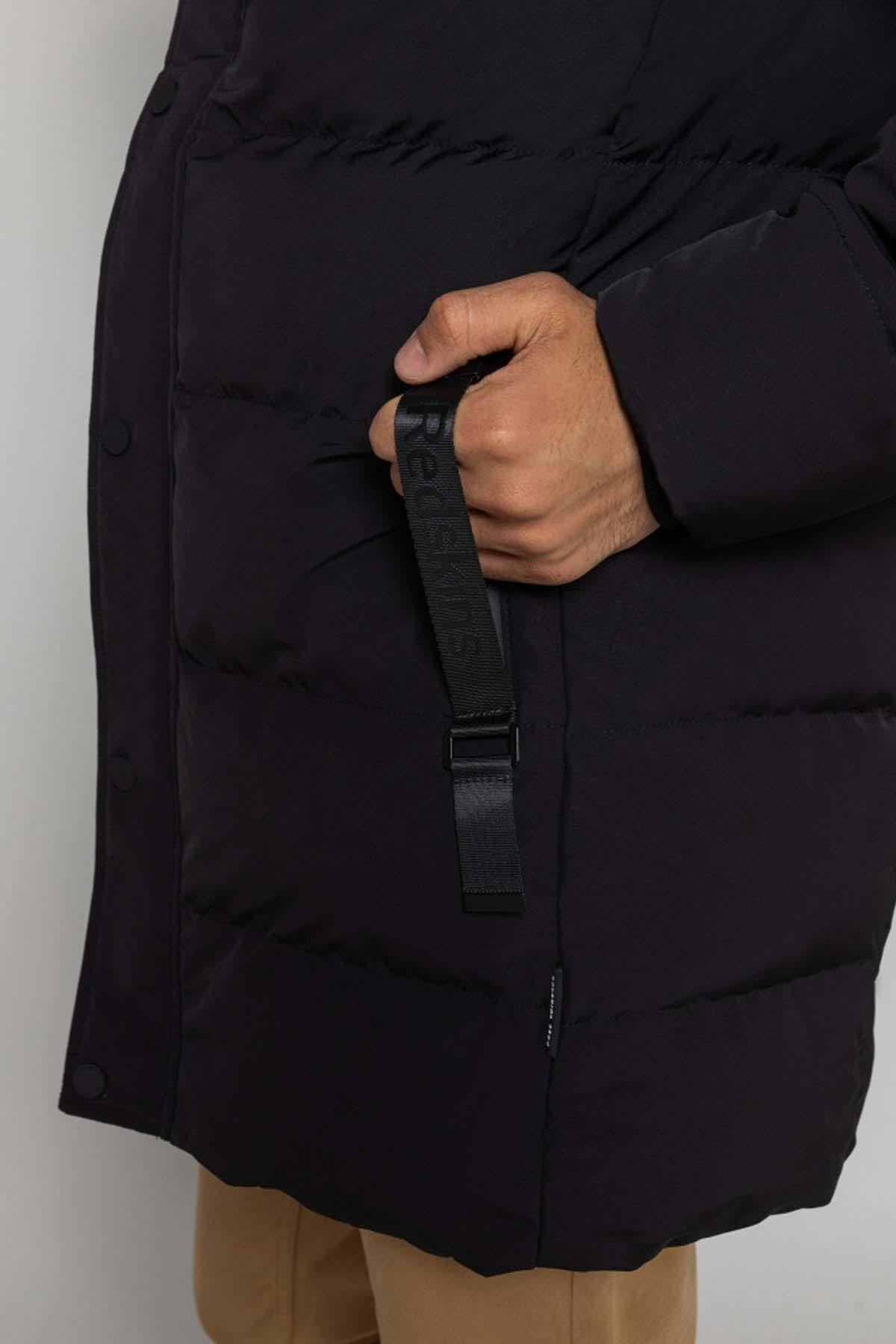 Long black hooded down jacket - Image n°6