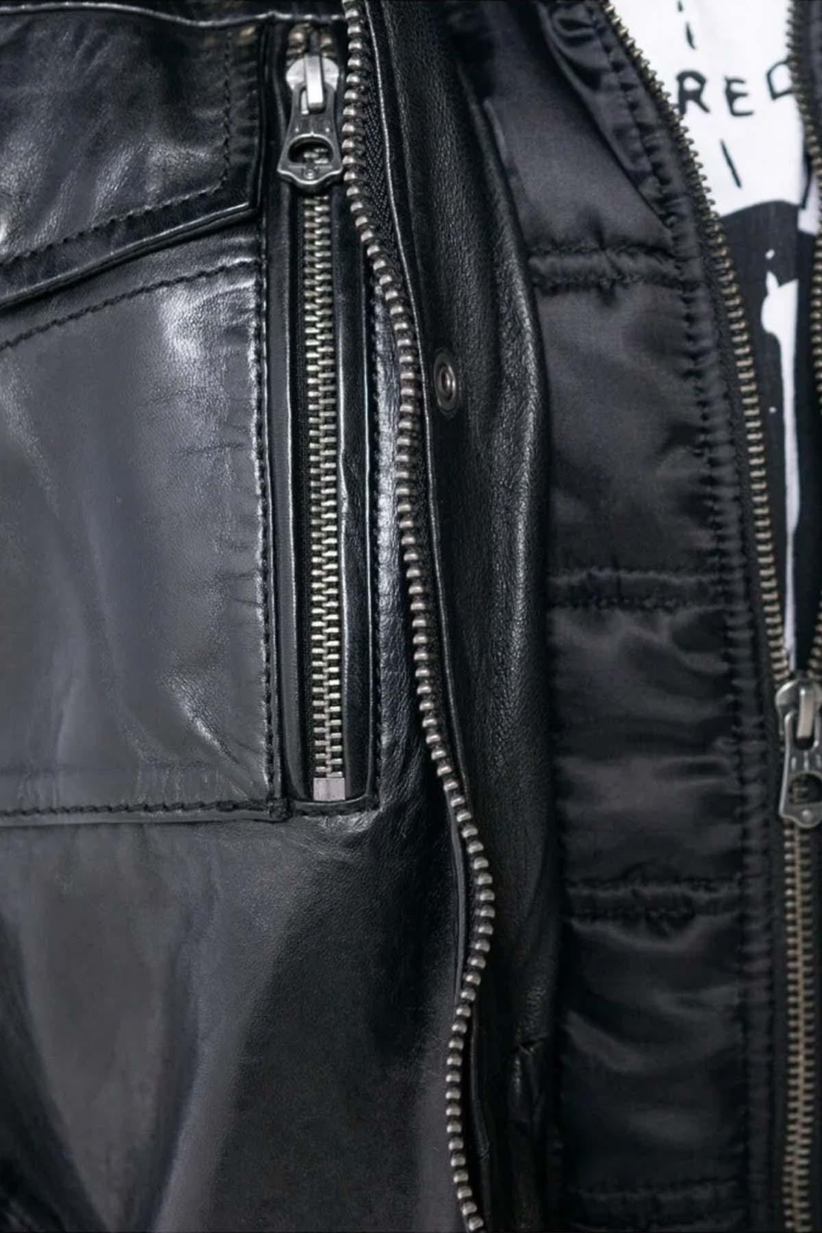 Black leather jacket with stand-up collar - Image n°7