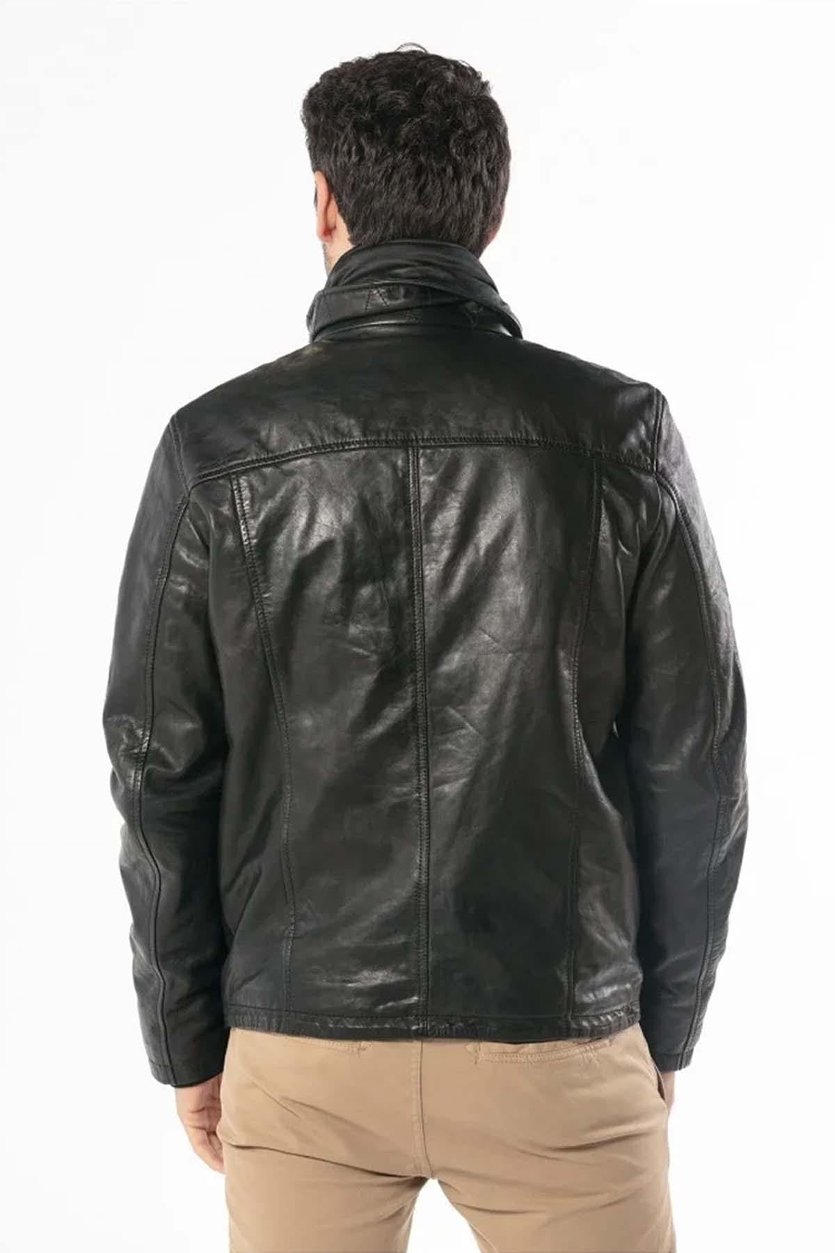 Black leather jacket with stand-up collar - Image n°4