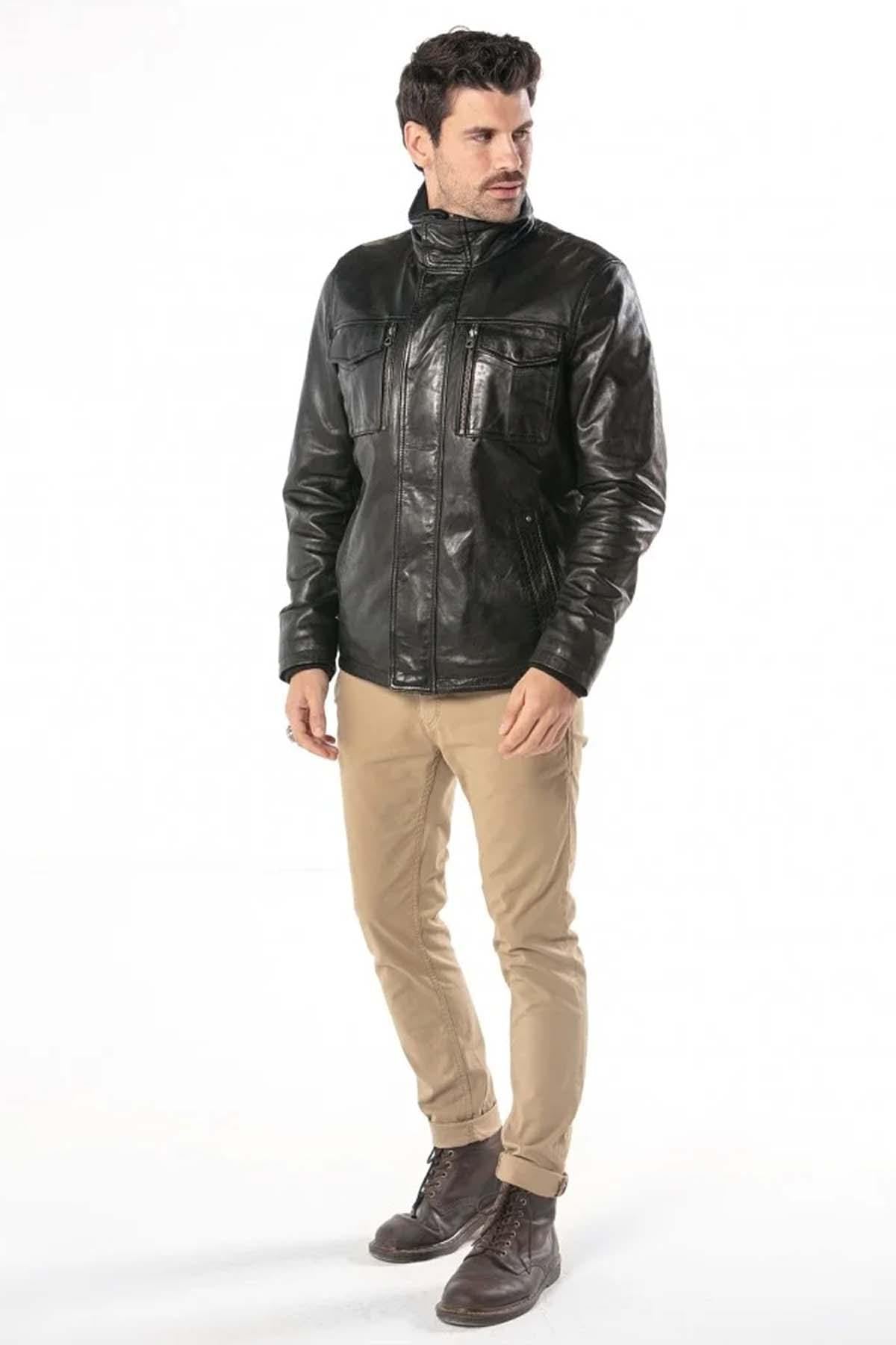 Black leather jacket with stand-up collar - Image n°3