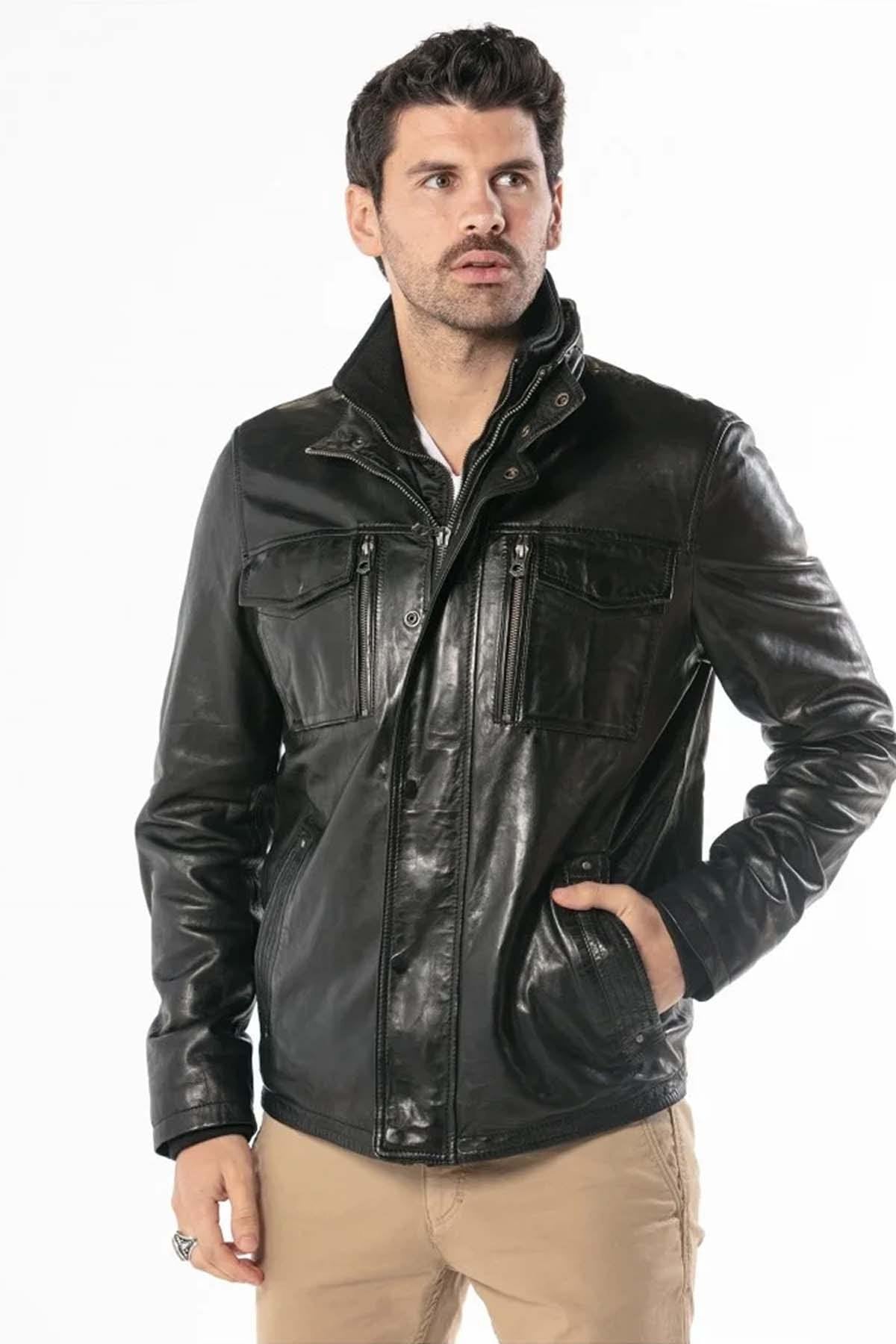 Black leather jacket with stand-up collar - Image n°5