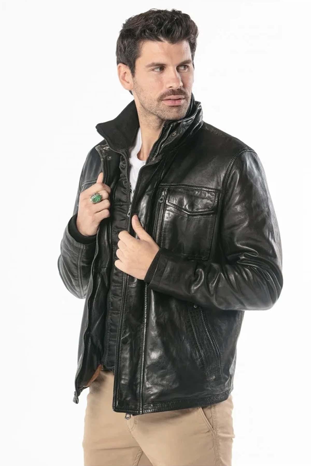 Black leather jacket with stand-up collar - Image n°2