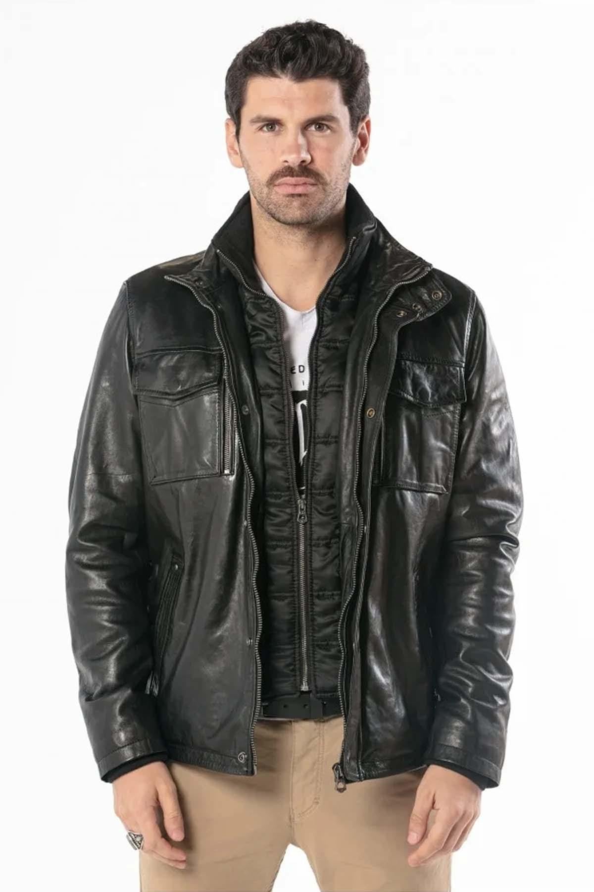 Black leather jacket with stand-up collar - Image n°6