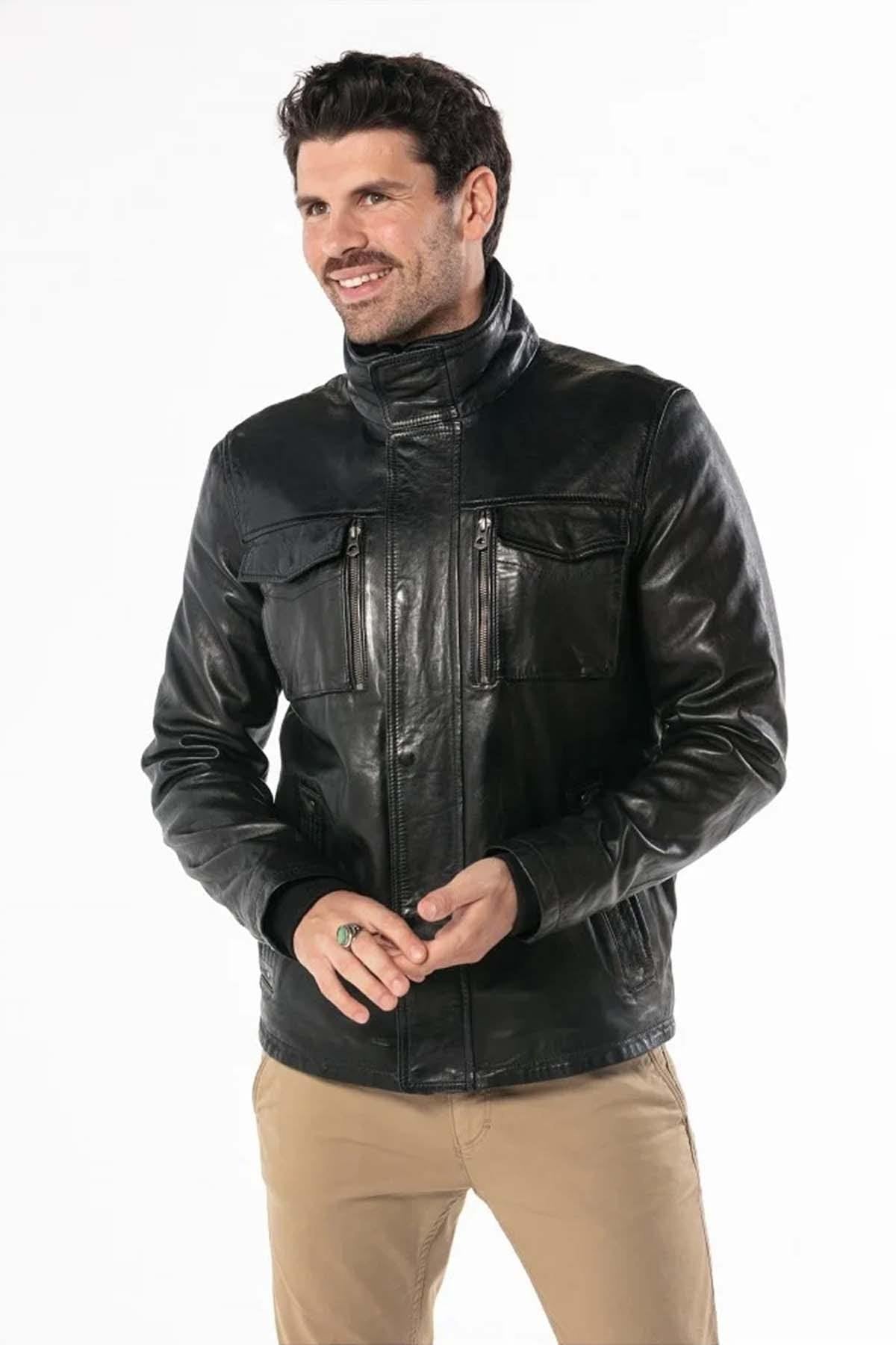 Black leather jacket with stand-up collar - Image n°1