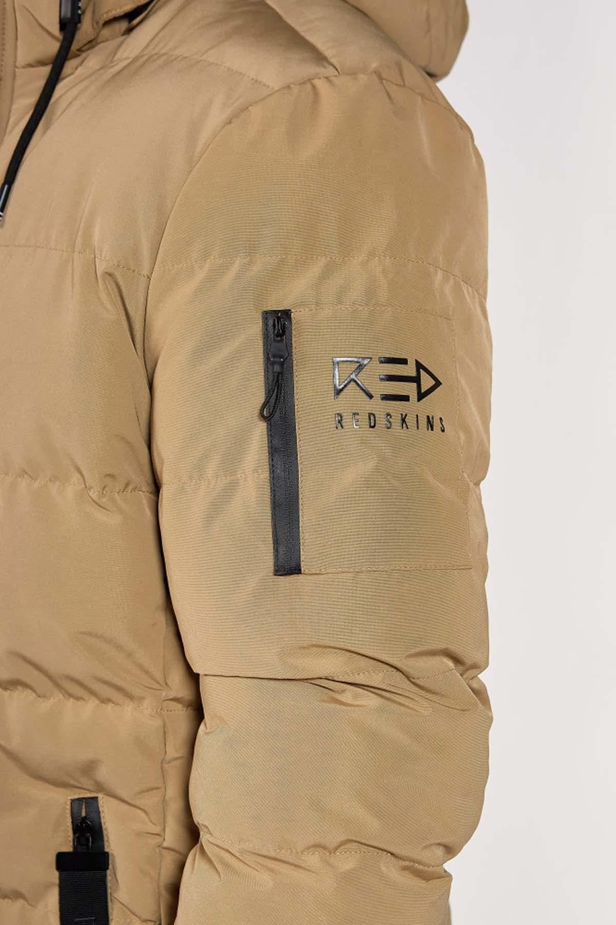 Beige casual mid-length down jacket - Image n°6