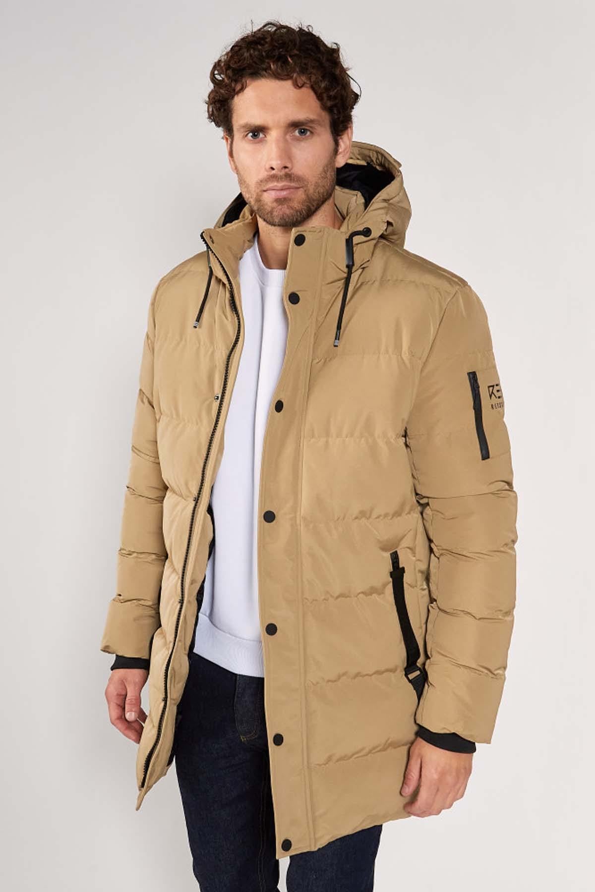 Beige casual mid-length down jacket - Image n°1