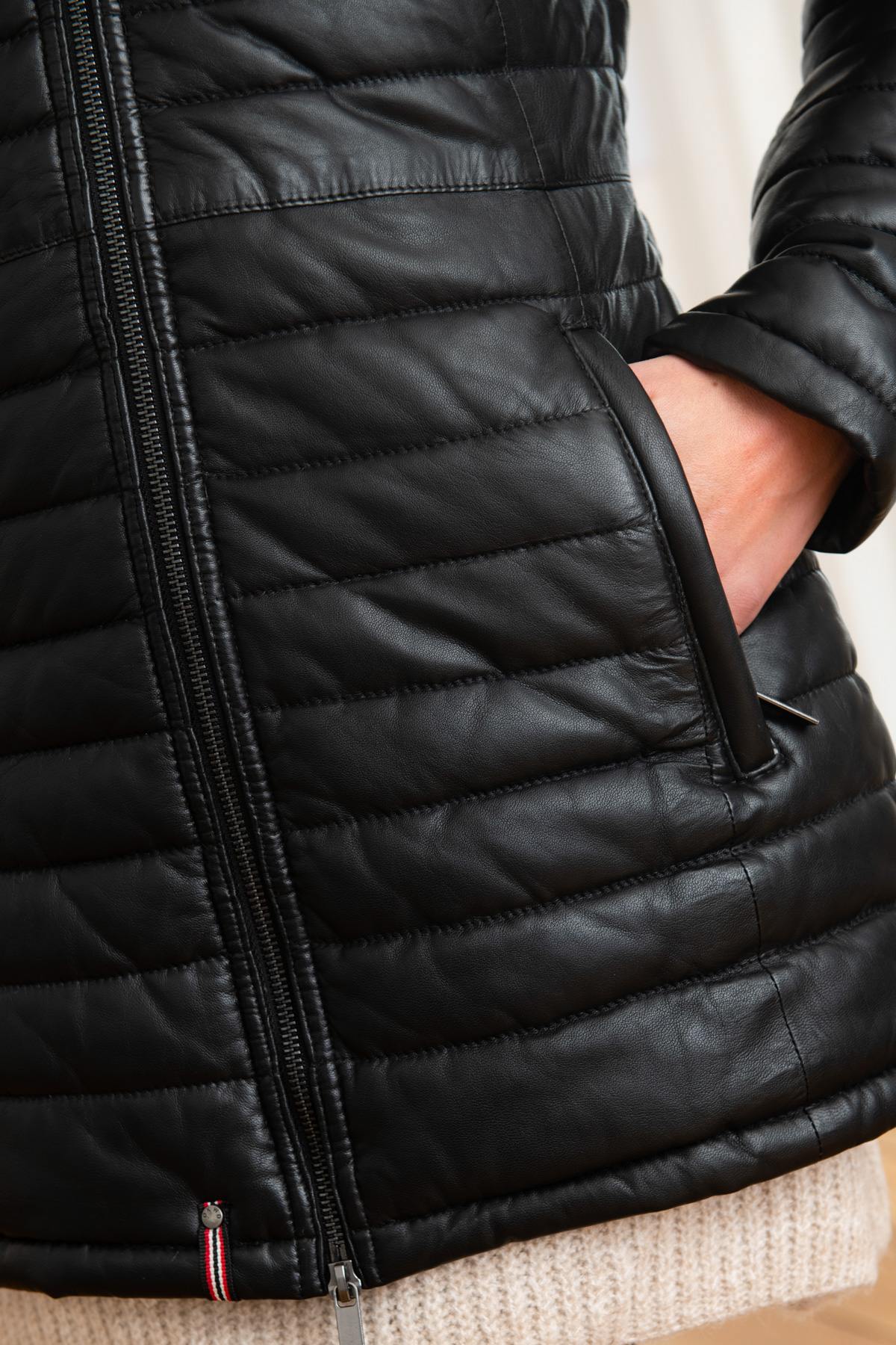 Long black leather down jacket - Image n°7