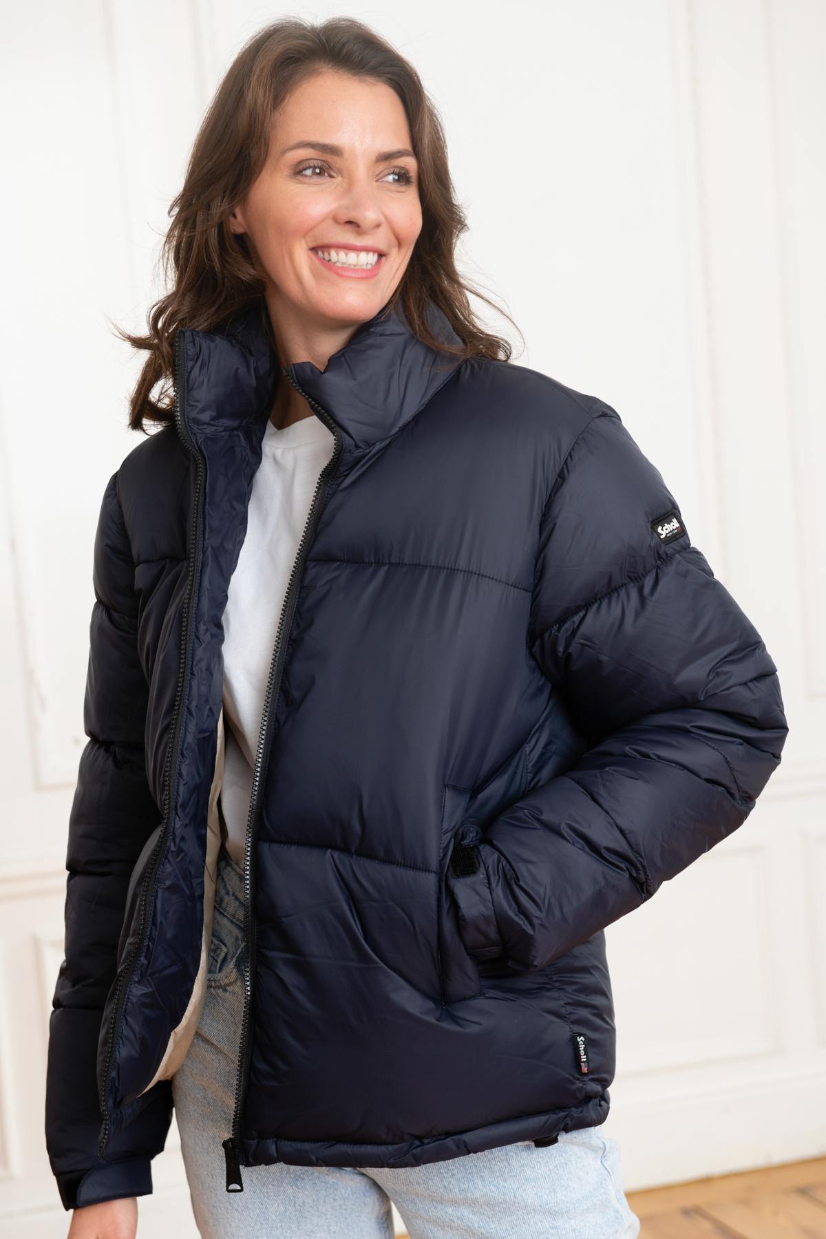 Eco-responsible down jacket in navy blue recycled nylon - Image n°1