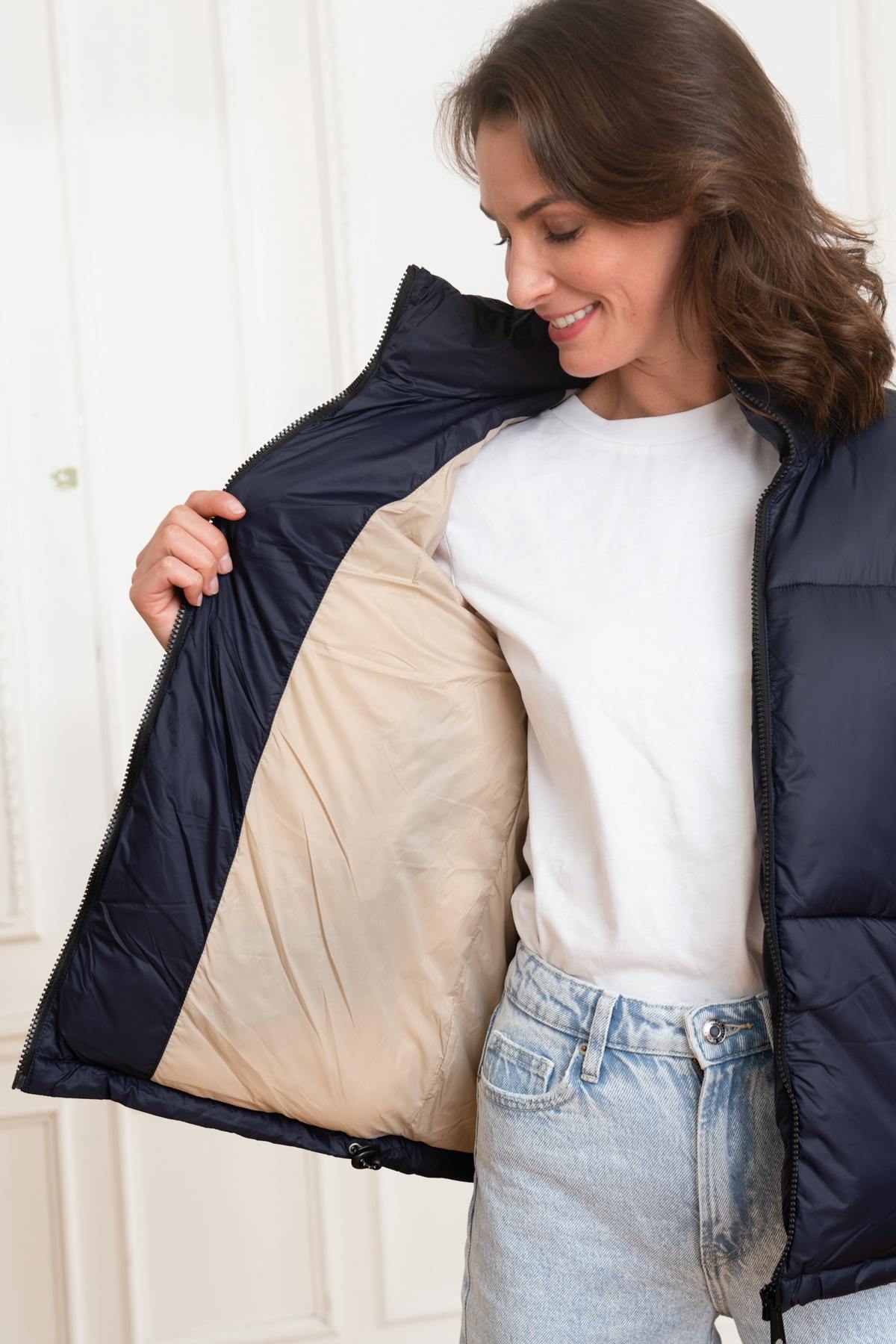 Eco-responsible down jacket in navy blue recycled nylon - Image n°3