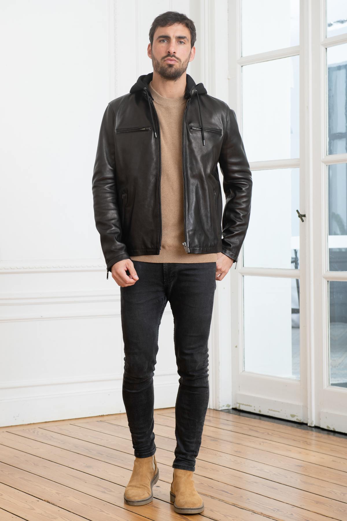 Leather jacket with removable hood - Image n°2