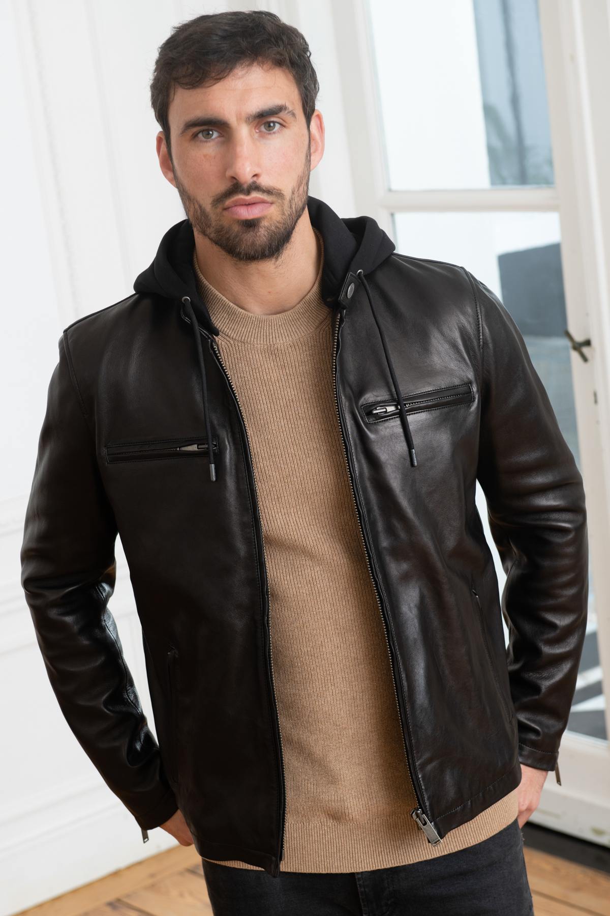 Leather jacket with removable hood - Image n°1