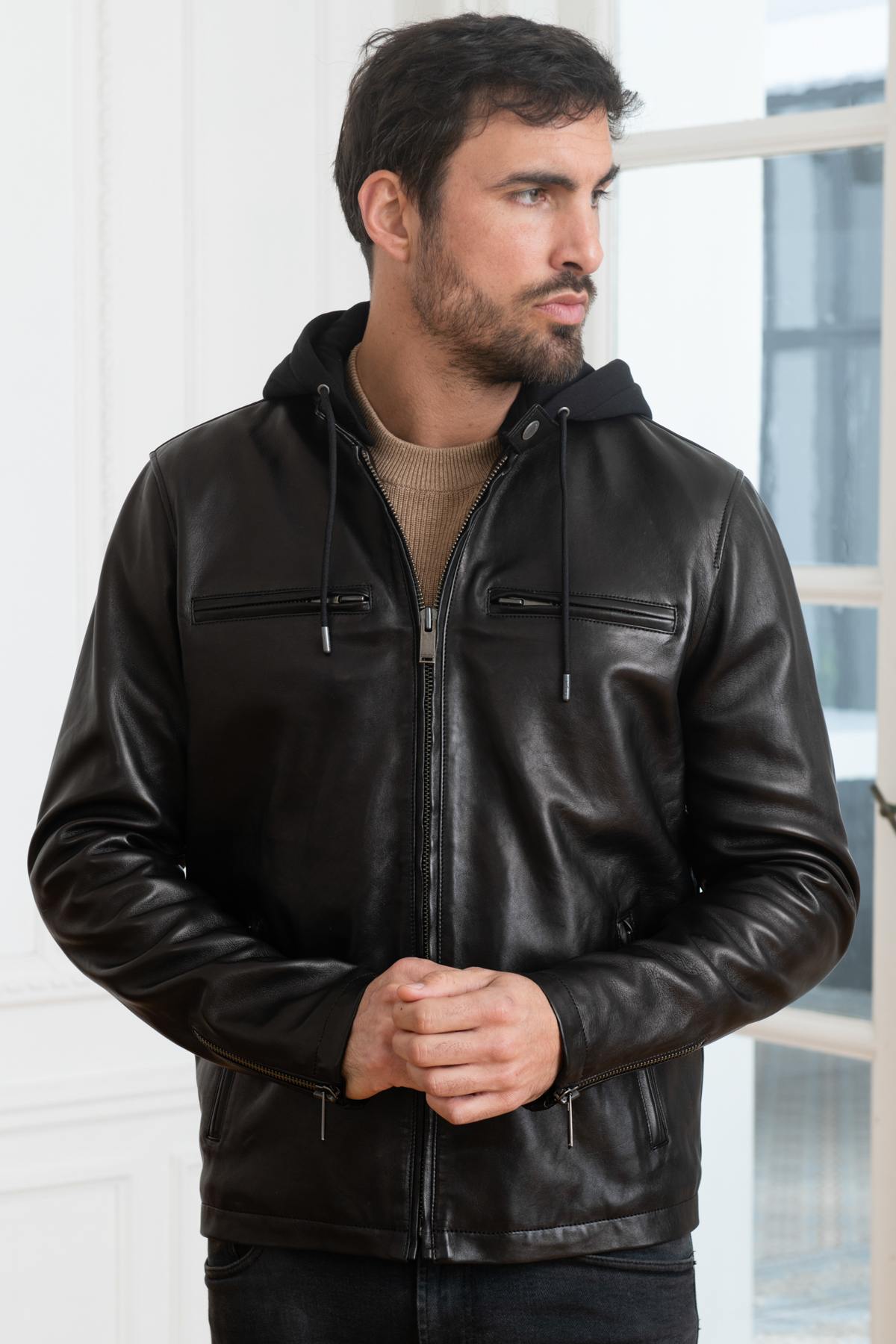 Leather jacket with removable hood - Image n°4